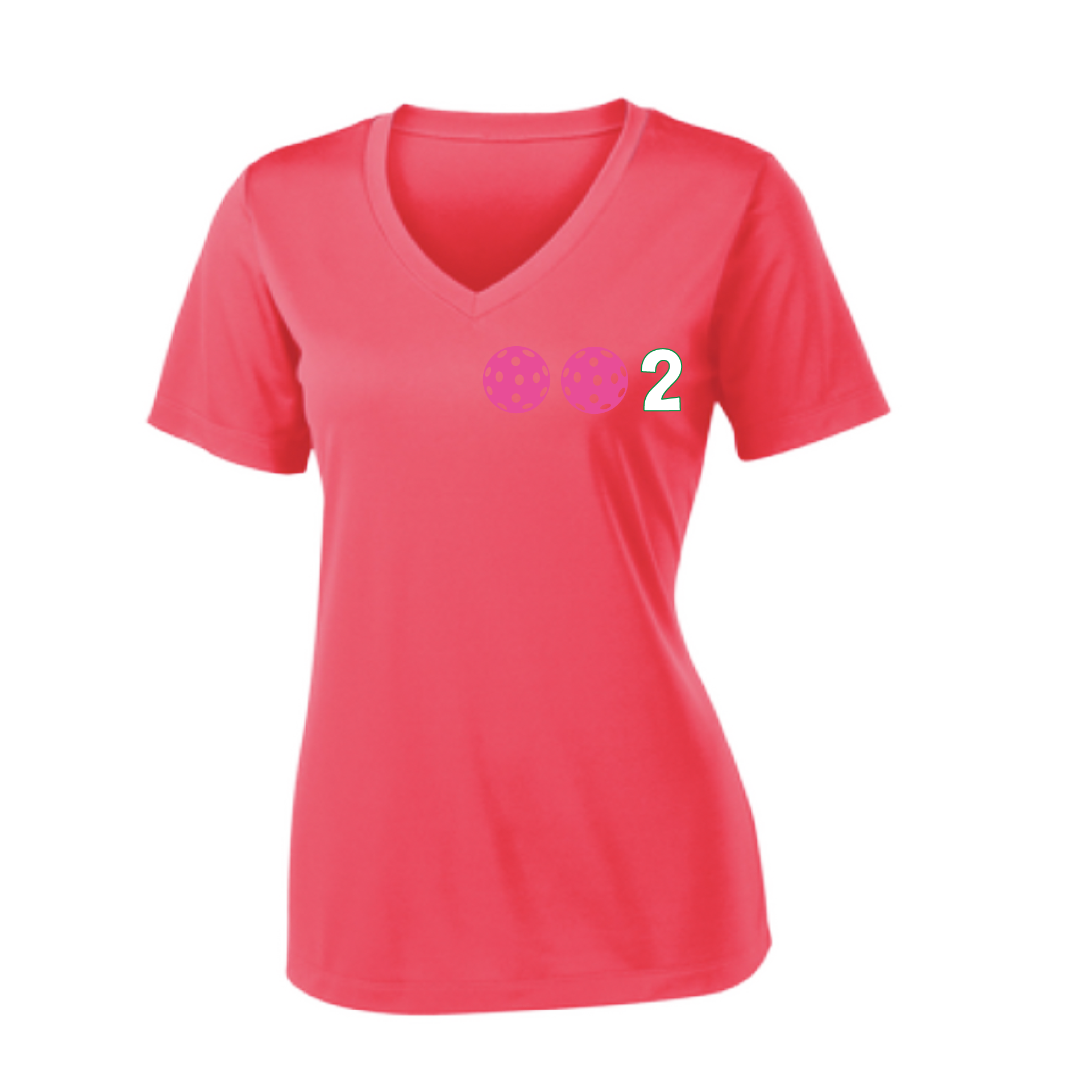 Design: 002 with Customizable Ball Colors (Yellow, Pink, White)  Women's Style: Short-Sleeve V-Neck  Shirts are lightweight, roomy and highly breathable. These moisture-wicking shirts are designed for athletic performance. They feature PosiCharge technology to lock in color and prevent logos from fading. Removable tag and set-in sleeves for comfor