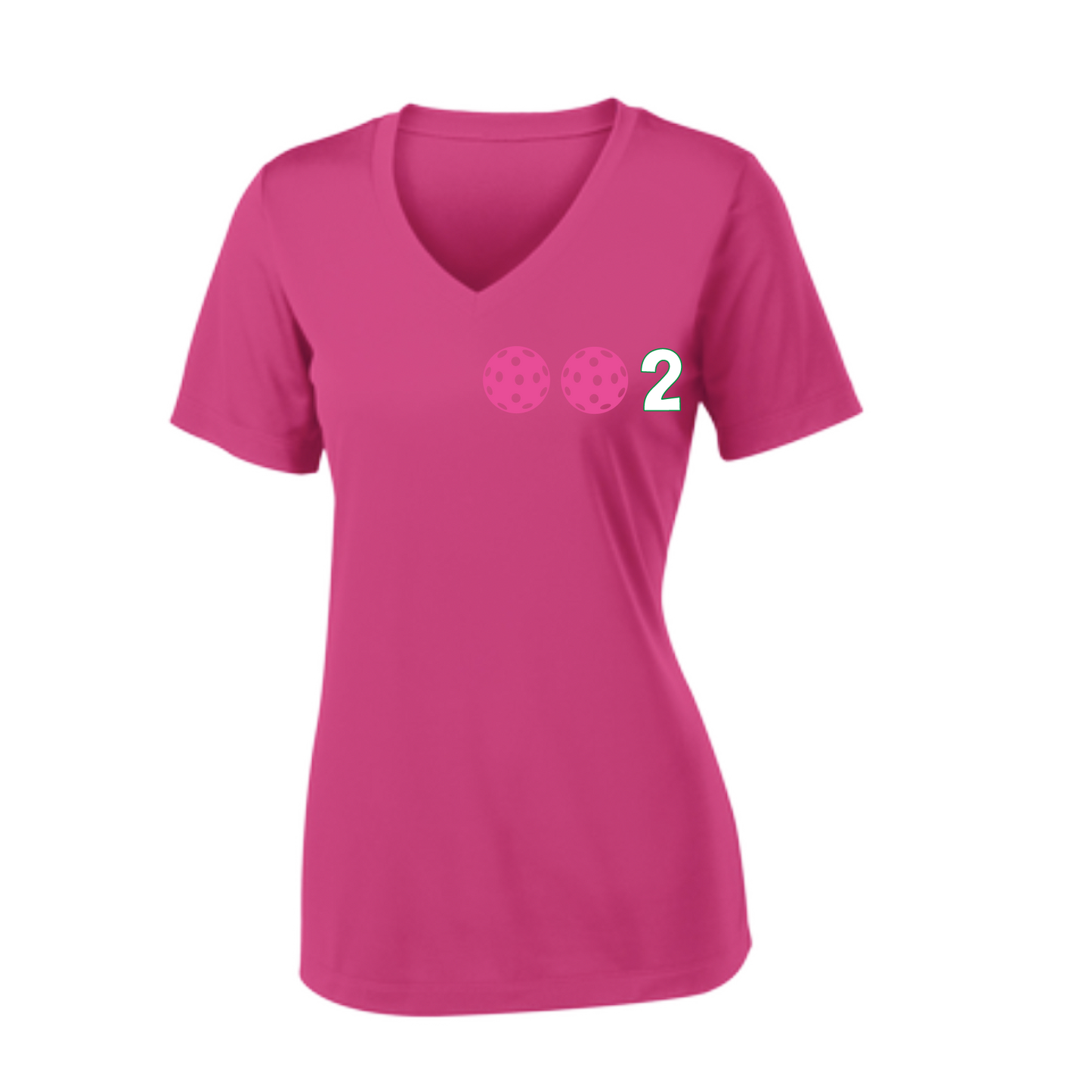 Design: 002 with Customizable Ball Colors (Yellow, Pink, White)  Women's Style: Short-Sleeve V-Neck  Shirts are lightweight, roomy and highly breathable. These moisture-wicking shirts are designed for athletic performance. They feature PosiCharge technology to lock in color and prevent logos from fading. Removable tag and set-in sleeves for comfor