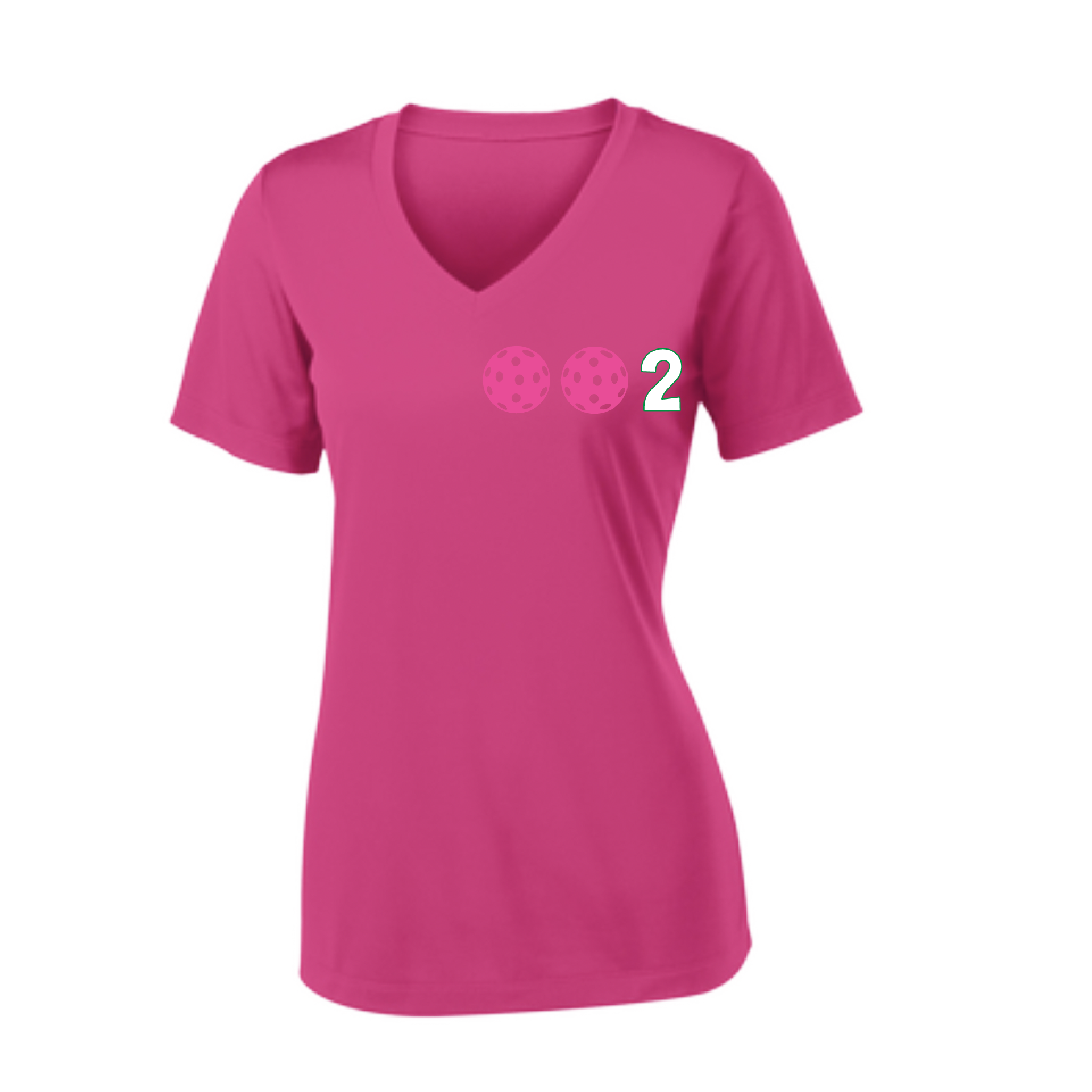 Design: 002 with Customizable Ball Colors (Yellow, Pink, White)  Women's Style: Short-Sleeve V-Neck  Shirts are lightweight, roomy and highly breathable. These moisture-wicking shirts are designed for athletic performance. They feature PosiCharge technology to lock in color and prevent logos from fading. Removable tag and set-in sleeves for comfor