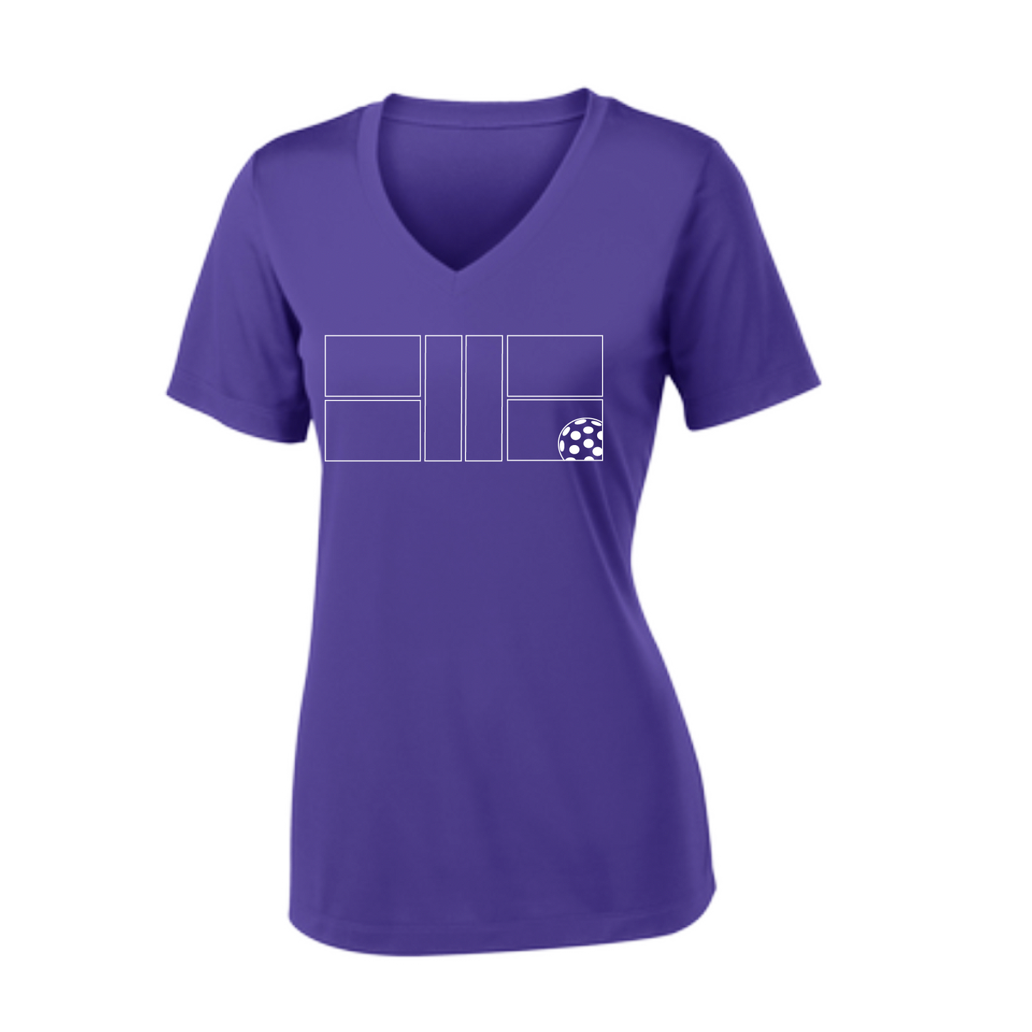 Pickleball Design: Court with Ball  Women's Style: Short Sleeve V-Neck (SSV)  Turn up the volume in this Women's shirt with its perfect mix of softness and attitude. Material is ultra-comfortable with moisture wicking properties and tri-blend softness. PosiCharge technology locks in color. Highly breathable and lightweight.
