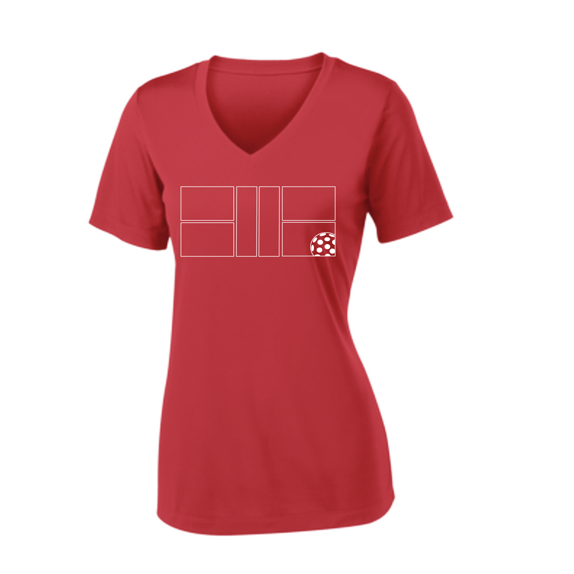 Pickleball Design: Court with Ball  Women's Style: Short Sleeve V-Neck (SSV)  Turn up the volume in this Women's shirt with its perfect mix of softness and attitude. Material is ultra-comfortable with moisture wicking properties and tri-blend softness. PosiCharge technology locks in color. Highly breathable and lightweight.