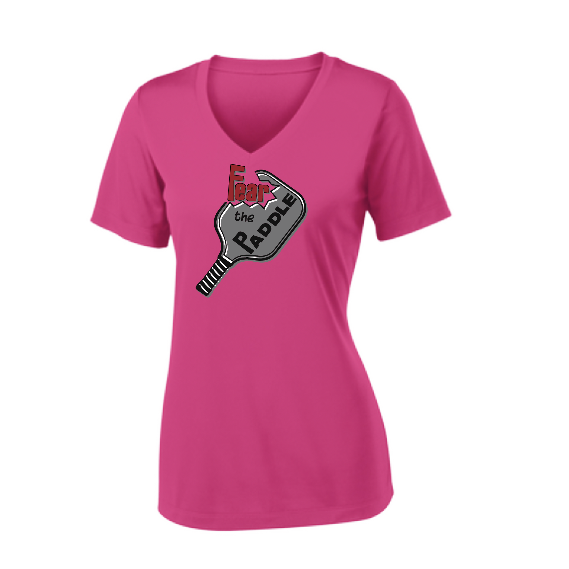Pickleball Design: Fear the Paddle  Women's Style: Short Sleeve V-Neck  Turn up the volume in this Women's shirt with its perfect mix of softness and attitude. Material is ultra-comfortable with moisture wicking properties and tri-blend softness. PosiCharge technology locks in color. Highly breathable and lightweight.