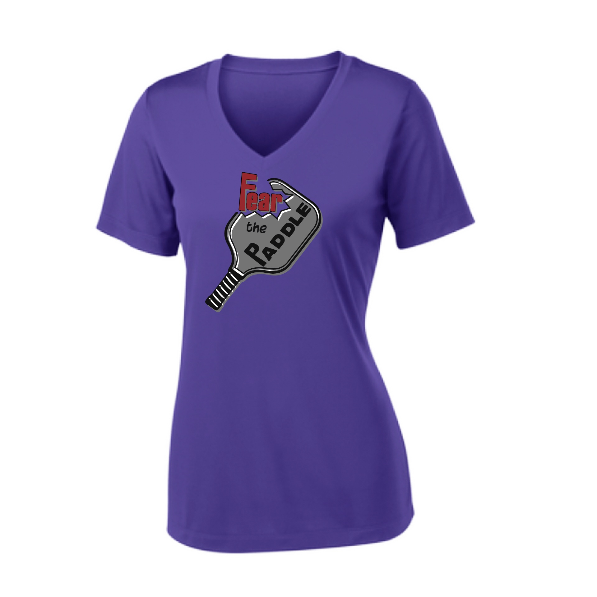 Pickleball Design: Fear the Paddle  Women's Style: Short Sleeve V-Neck  Turn up the volume in this Women's shirt with its perfect mix of softness and attitude. Material is ultra-comfortable with moisture wicking properties and tri-blend softness. PosiCharge technology locks in color. Highly breathable and lightweight.