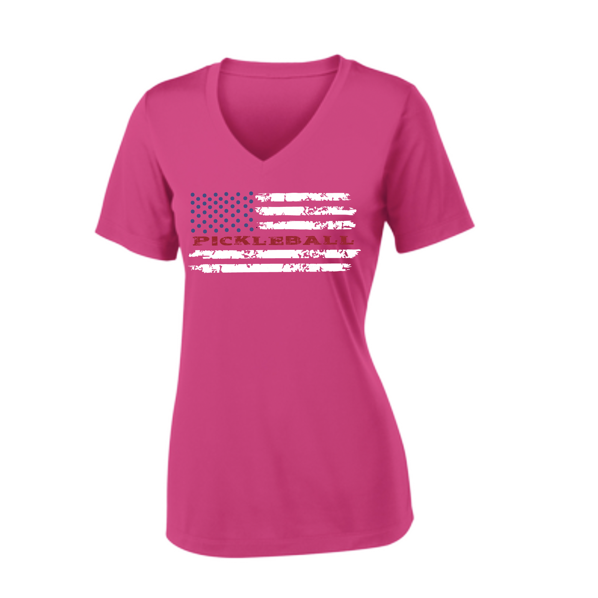 Pickleball Design: Flag Horizontal on Front or Back of Shirt  Women's Style: Short-Sleeve V-Neck  Turn up the volume in this Women's shirt with its perfect mix of softness and attitude. Material is ultra-comfortable with moisture wicking properties and tri-blend softness. PosiCharge technology locks in color. Highly breathable and lightweight.