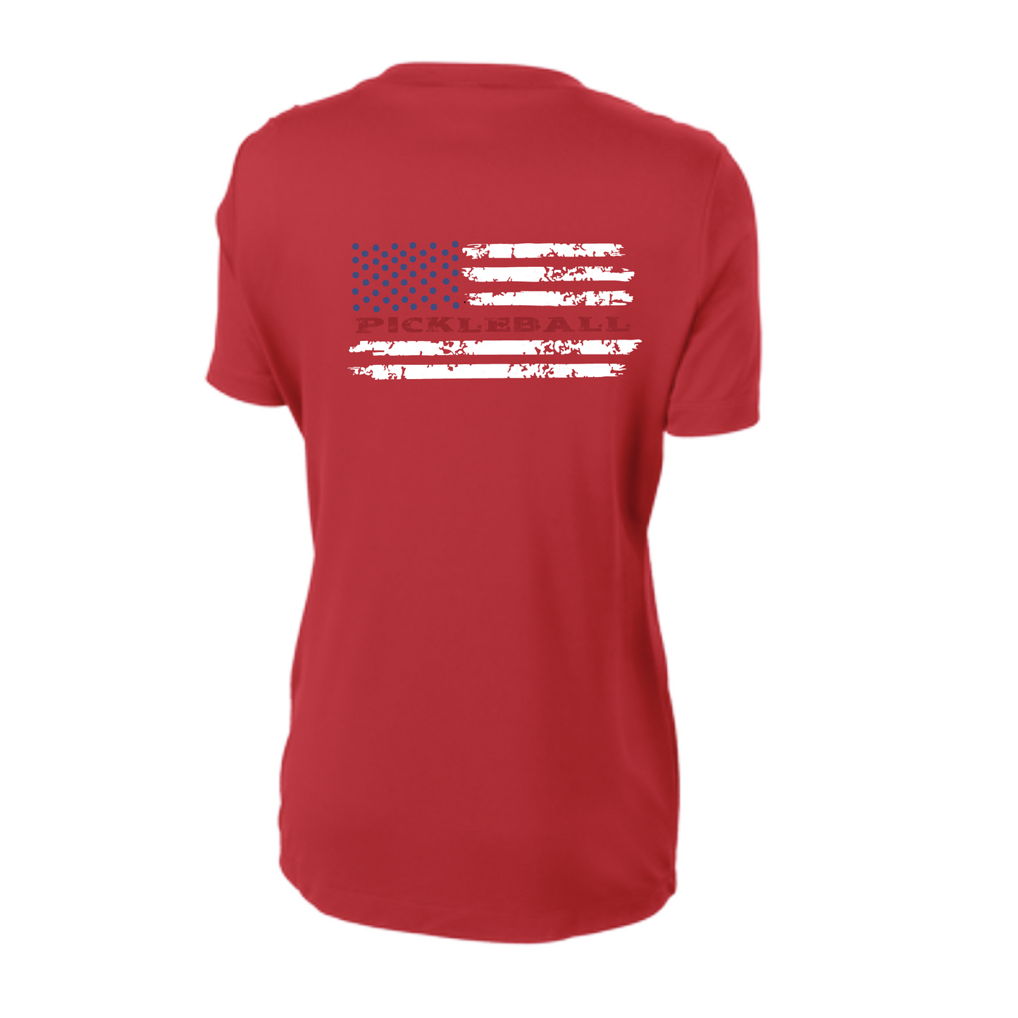 Pickleball Design: Flag Horizontal on Front or Back of Shirt  Women's Style: Short-Sleeve V-Neck  Turn up the volume in this Women's shirt with its perfect mix of softness and attitude. Material is ultra-comfortable with moisture wicking properties and tri-blend softness. PosiCharge technology locks in color. Highly breathable and lightweight.
