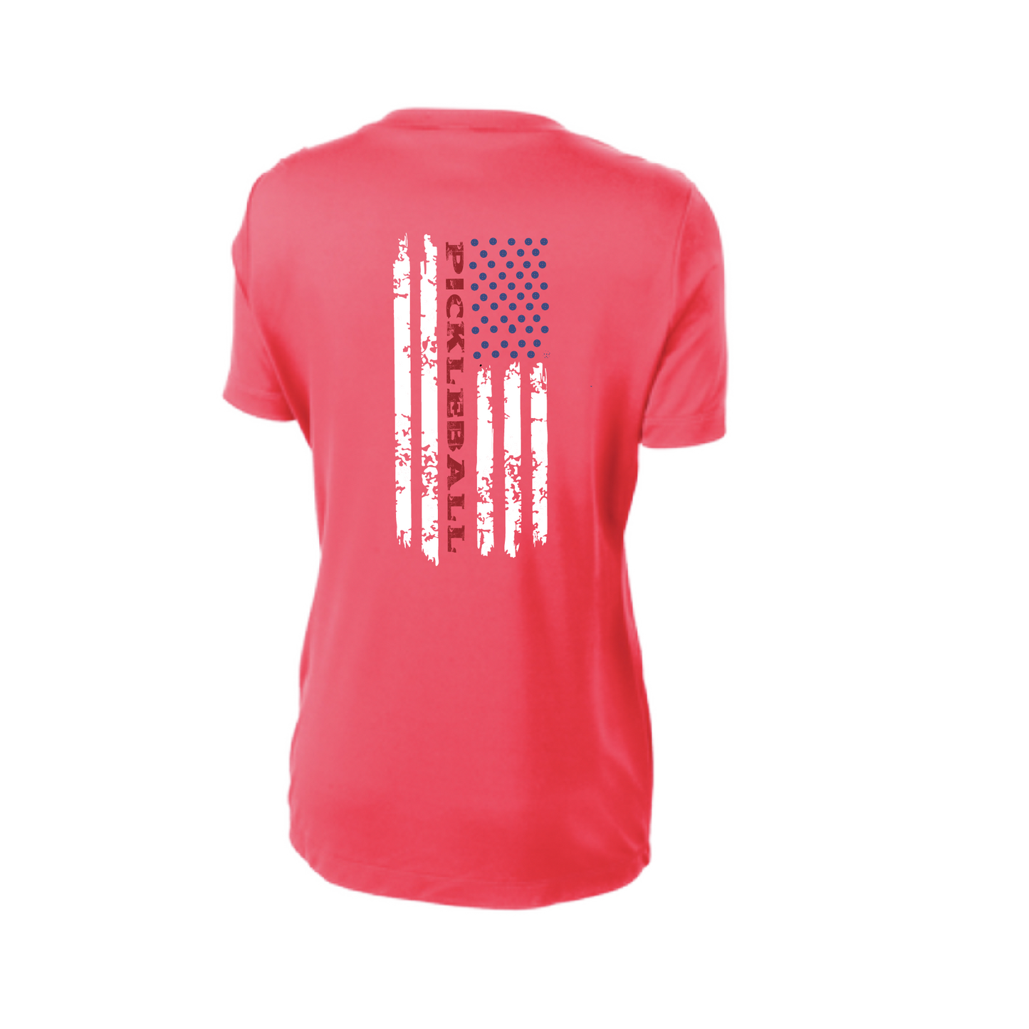 Pickleball Design: Pickleball Flag Vertical on Front or Back of Shirt  Women's Style: Short-Sleeve V-Neck  Turn up the volume in this Women's shirt with its perfect mix of softness and attitude. Material is ultra-comfortable with moisture wicking properties and tri-blend softness. PosiCharge technology locks in color. Highly breathable and lightweight.