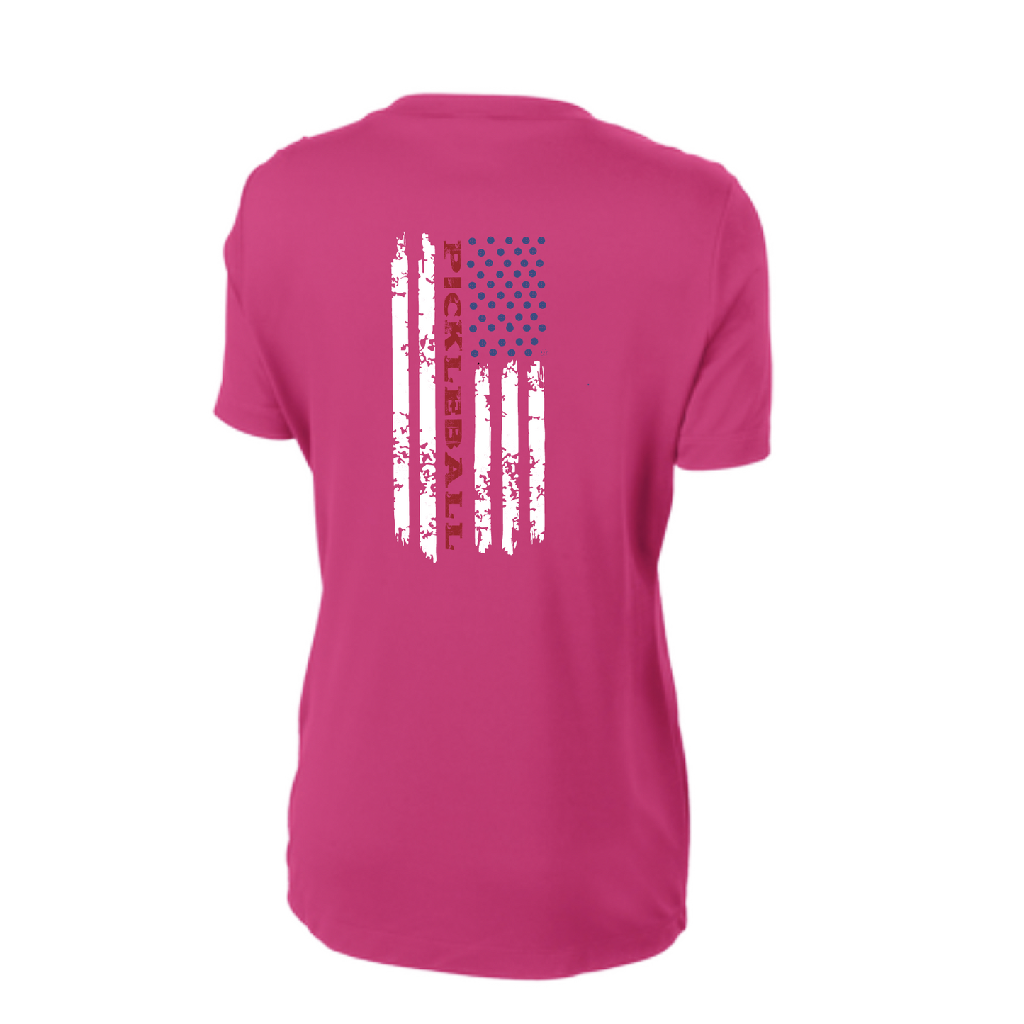 Pickleball Design: Pickleball Flag Vertical on Front or Back of Shirt  Women's Style: Short-Sleeve V-Neck  Turn up the volume in this Women's shirt with its perfect mix of softness and attitude. Material is ultra-comfortable with moisture wicking properties and tri-blend softness. PosiCharge technology locks in color. Highly breathable and lightweight.