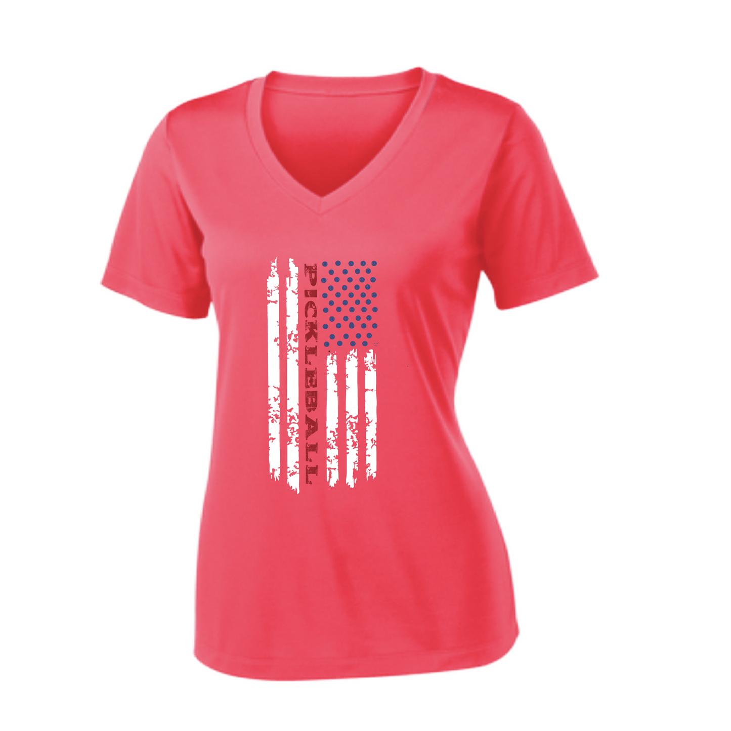 Pickleball Design: Pickleball Flag Vertical on Front or Back of Shirt  Women's Style: Short-Sleeve V-Neck  Turn up the volume in this Women's shirt with its perfect mix of softness and attitude. Material is ultra-comfortable with moisture wicking properties and tri-blend softness. PosiCharge technology locks in color. Highly breathable and lightweight.