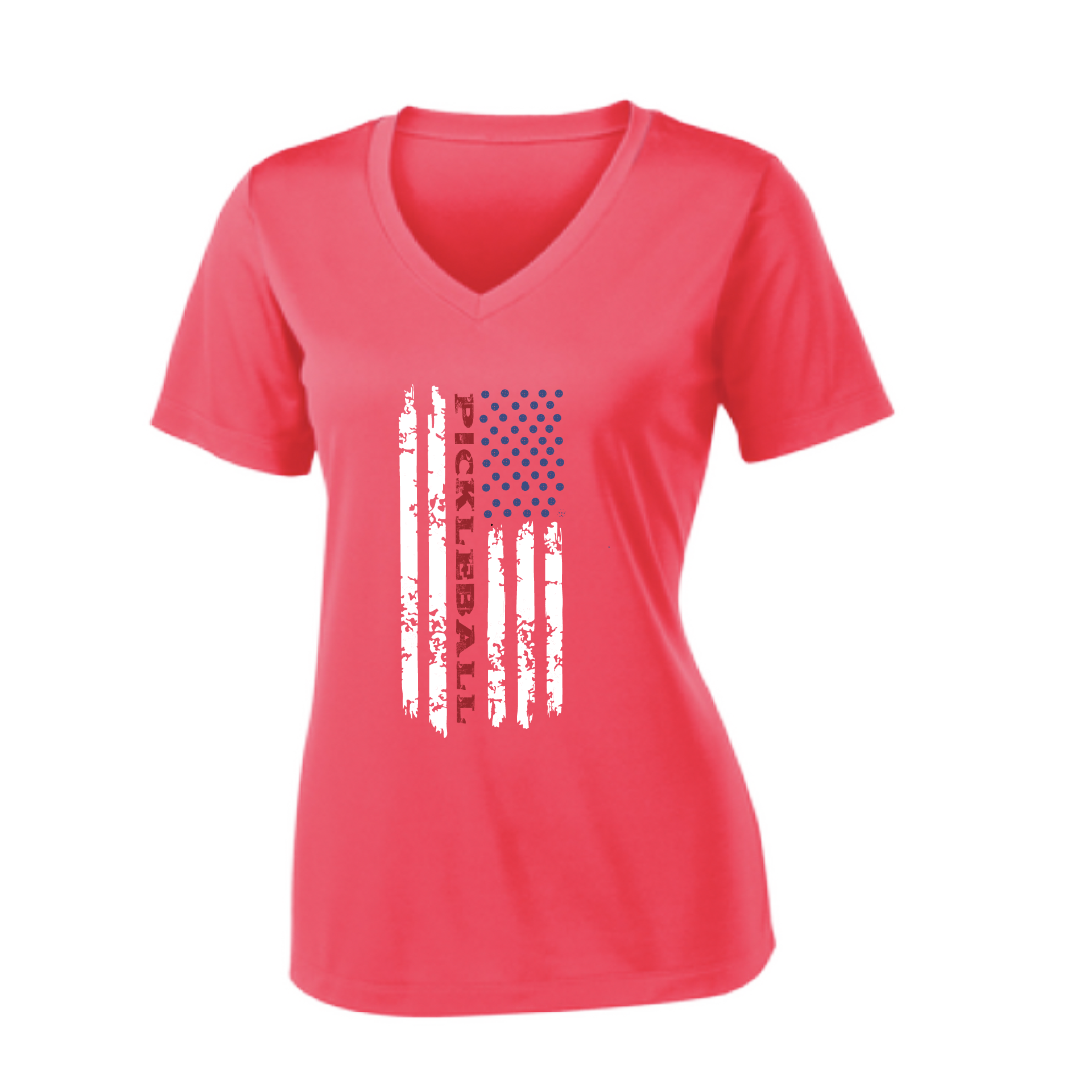 Pickleball Design: Pickleball Flag Vertical on Front or Back of Shirt  Women's Style: Short-Sleeve V-Neck  Turn up the volume in this Women's shirt with its perfect mix of softness and attitude. Material is ultra-comfortable with moisture wicking properties and tri-blend softness. PosiCharge technology locks in color. Highly breathable and lightweight.