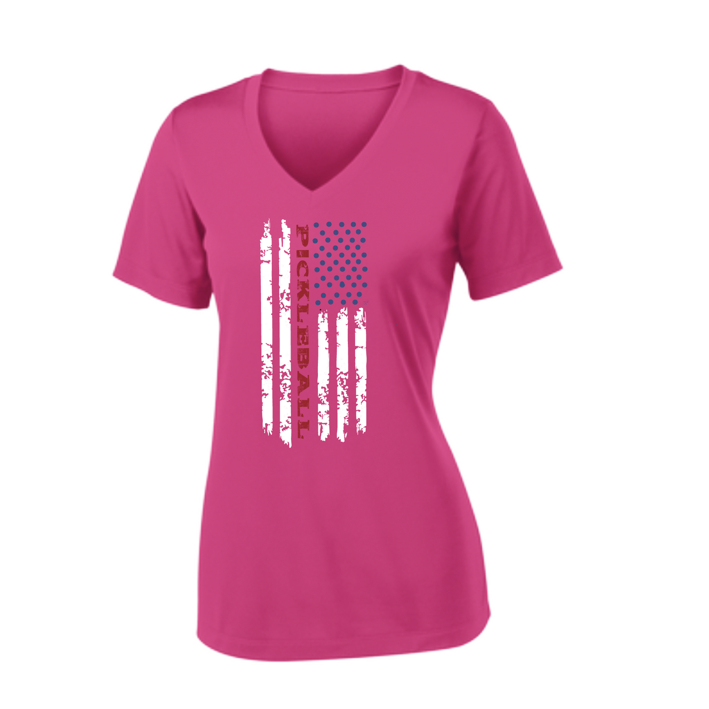 Pickleball Design: Pickleball Flag Vertical on Front or Back of Shirt  Women's Style: Short-Sleeve V-Neck  Turn up the volume in this Women's shirt with its perfect mix of softness and attitude. Material is ultra-comfortable with moisture wicking properties and tri-blend softness. PosiCharge technology locks in color. Highly breathable and lightweight.