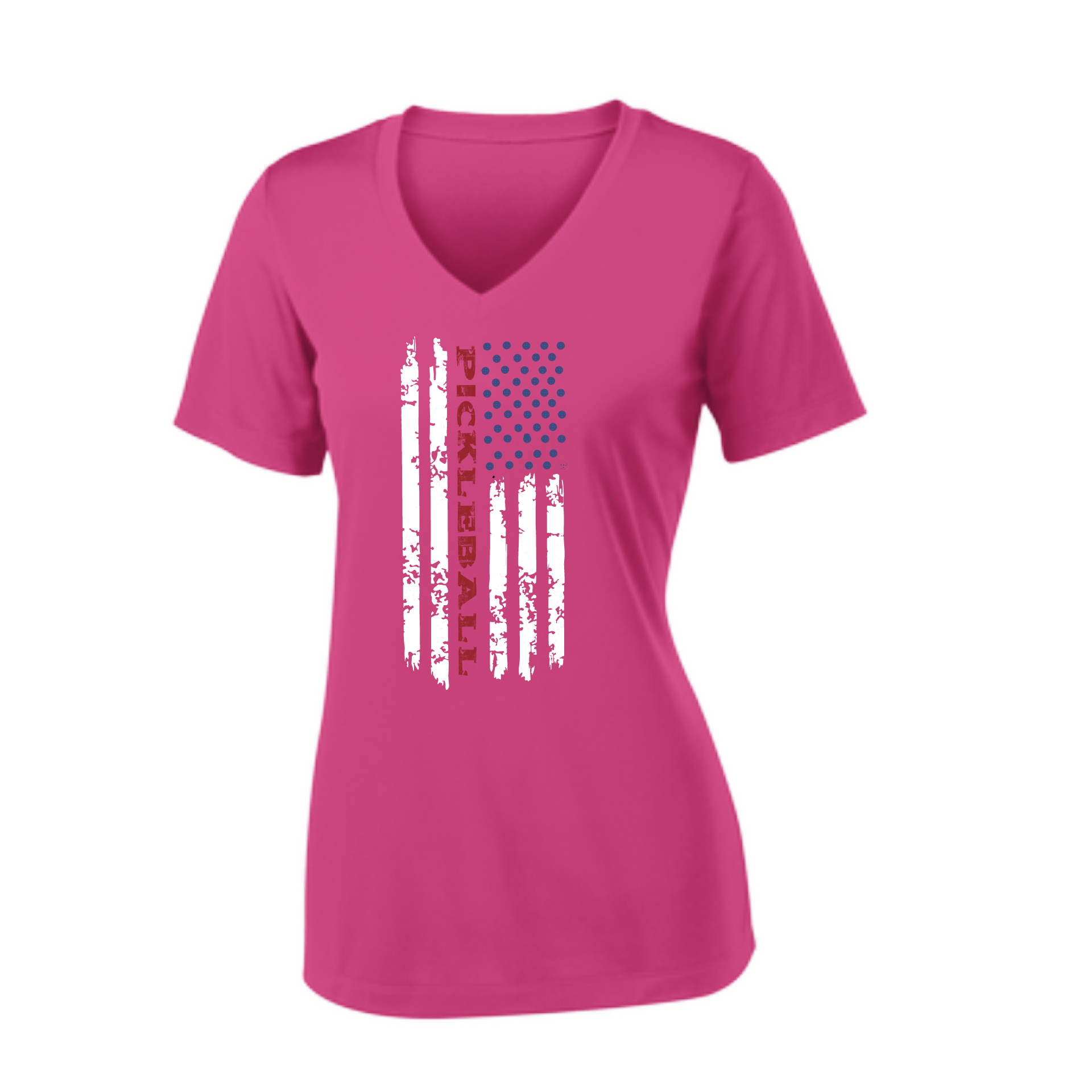 Pickleball Design: Pickleball Flag Vertical on Front or Back of Shirt  Women's Style: Short-Sleeve V-Neck  Turn up the volume in this Women's shirt with its perfect mix of softness and attitude. Material is ultra-comfortable with moisture wicking properties and tri-blend softness. PosiCharge technology locks in color. Highly breathable and lightweight.