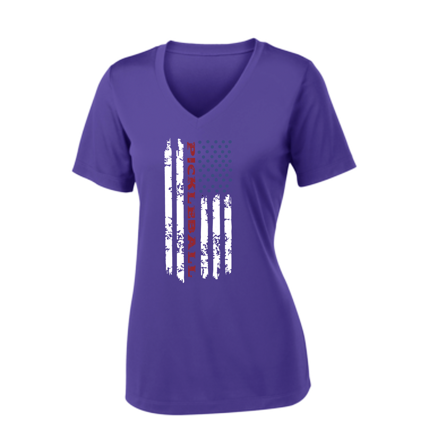 Pickleball Design: Pickleball Flag Vertical on Front or Back of Shirt  Women's Style: Short-Sleeve V-Neck  Turn up the volume in this Women's shirt with its perfect mix of softness and attitude. Material is ultra-comfortable with moisture wicking properties and tri-blend softness. PosiCharge technology locks in color. Highly breathable and lightweight.