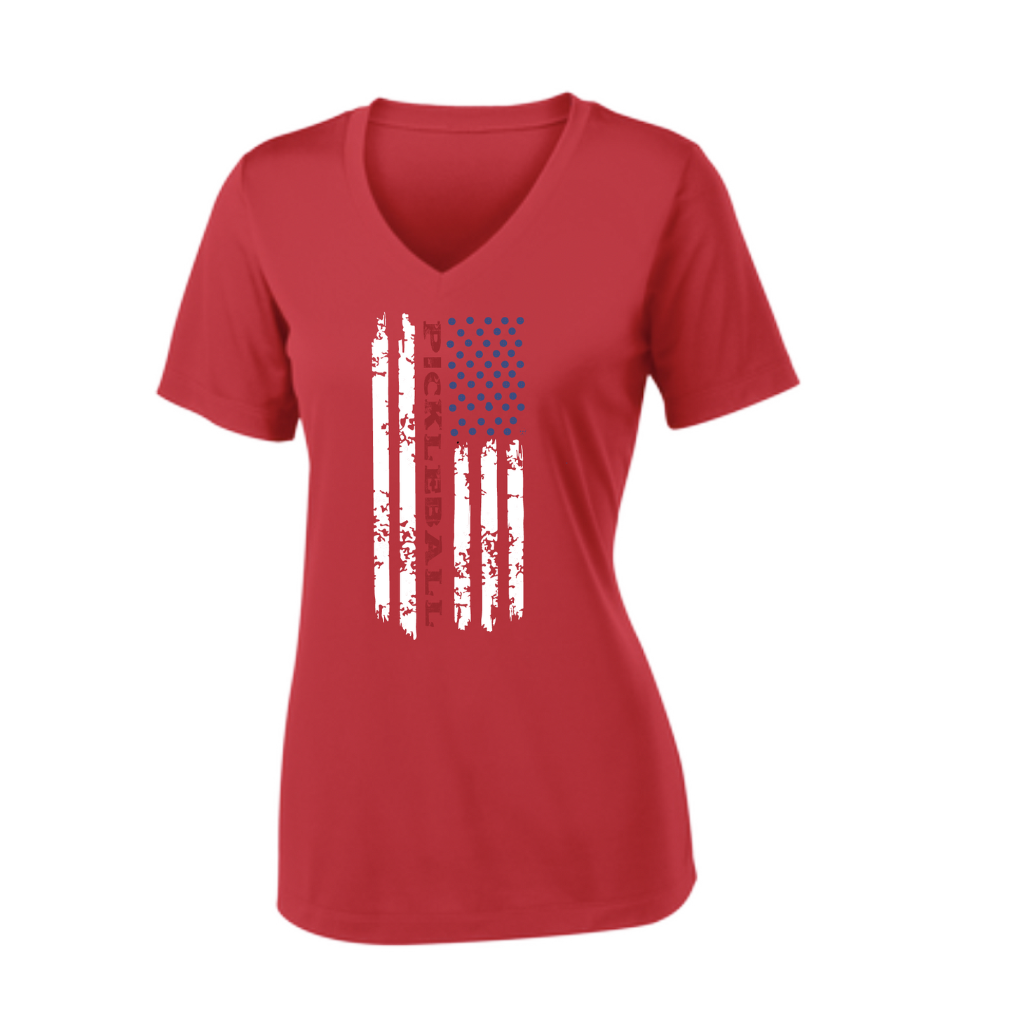 Pickleball Design: Pickleball Flag Vertical on Front or Back of Shirt  Women's Style: Short-Sleeve V-Neck  Turn up the volume in this Women's shirt with its perfect mix of softness and attitude. Material is ultra-comfortable with moisture wicking properties and tri-blend softness. PosiCharge technology locks in color. Highly breathable and lightweight.