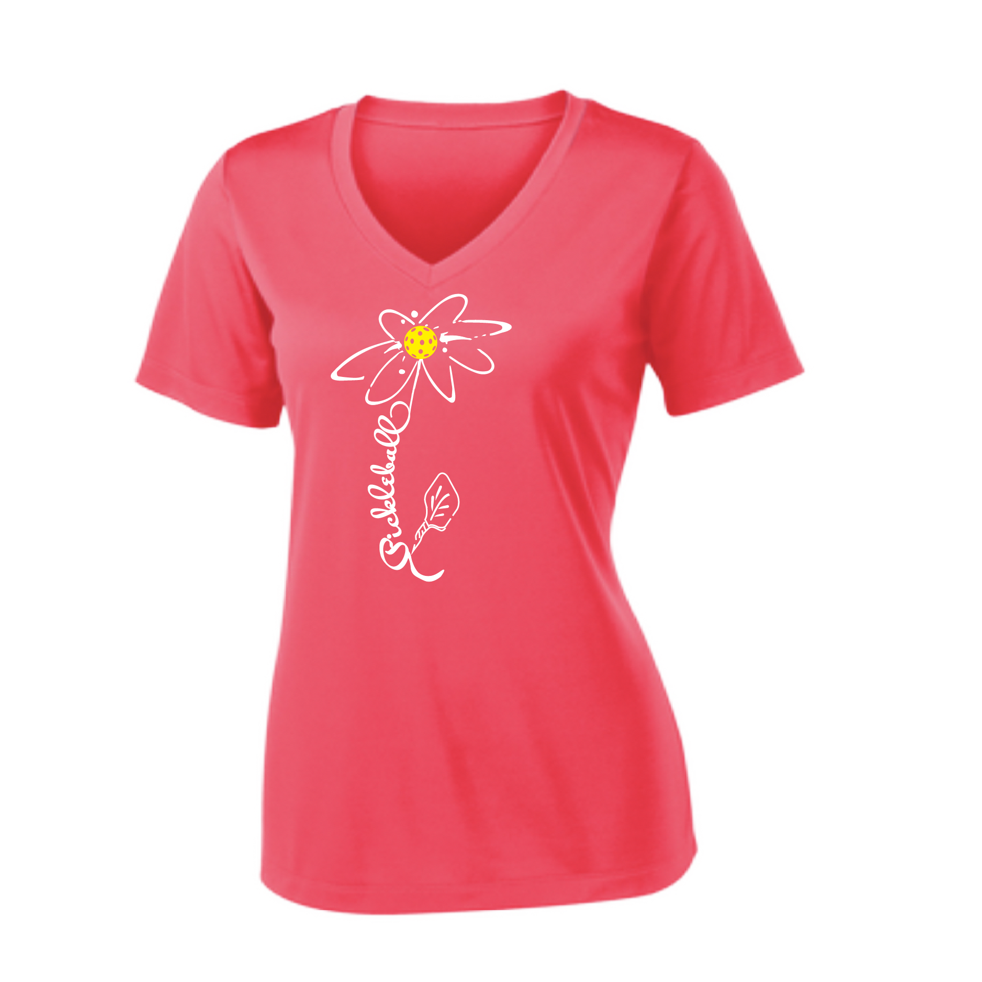 Pickleball Design: Pickleball Flower  Women's Style: Short Sleeve V-Neck  Turn up the volume in this Women's shirt with its perfect mix of softness and attitude. Material is ultra-comfortable with moisture wicking properties and tri-blend softness. PosiCharge technology locks in color. Highly breathable and lightweight.