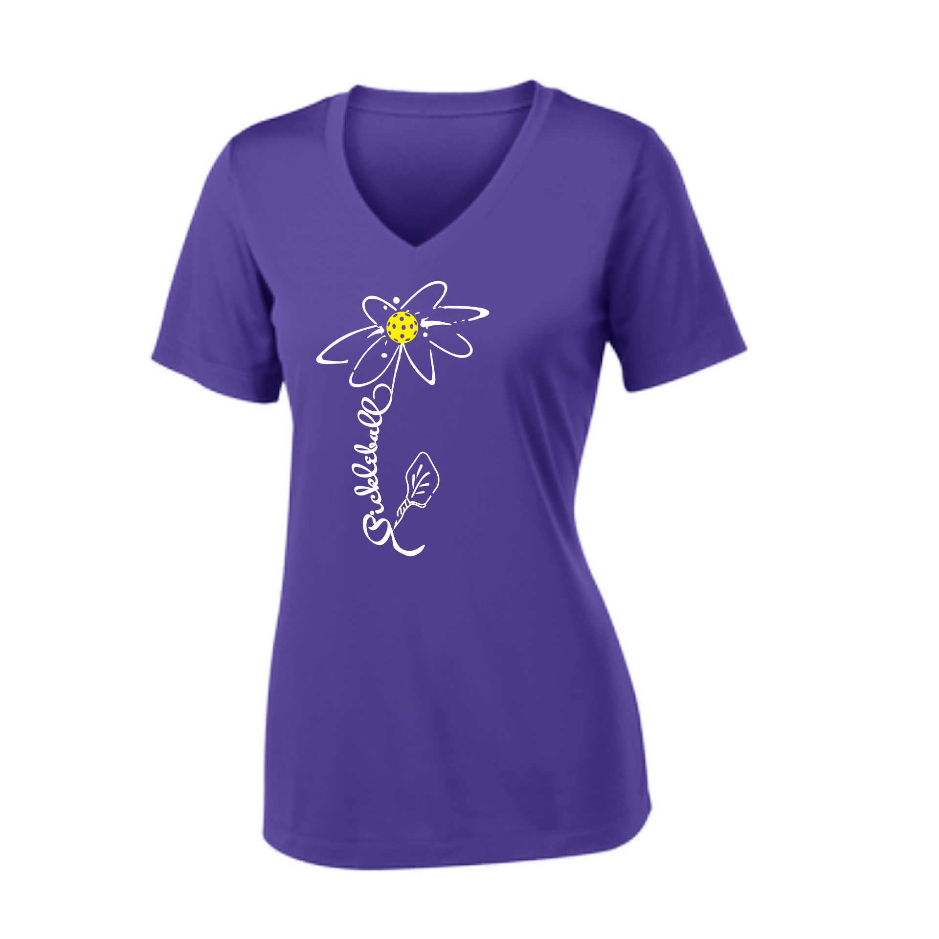 Pickleball Design: Pickleball Flower  Women's Style: Short Sleeve V-Neck  Turn up the volume in this Women's shirt with its perfect mix of softness and attitude. Material is ultra-comfortable with moisture wicking properties and tri-blend softness. PosiCharge technology locks in color. Highly breathable and lightweight.