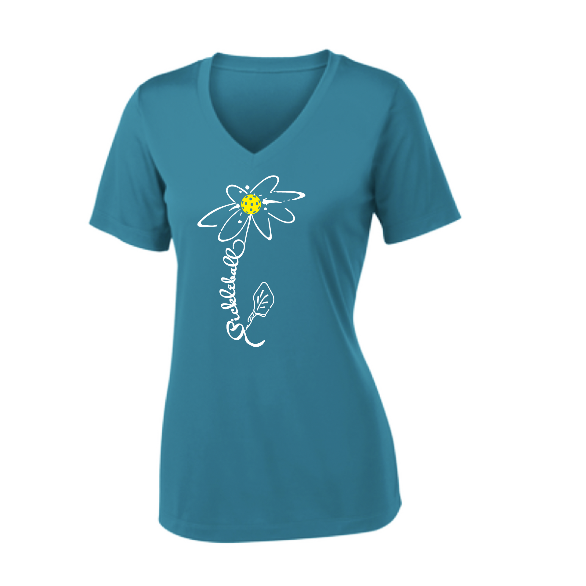 Pickleball Design: Pickleball Flower  Women's Style: Short Sleeve V-Neck  Turn up the volume in this Women's shirt with its perfect mix of softness and attitude. Material is ultra-comfortable with moisture wicking properties and tri-blend softness. PosiCharge technology locks in color. Highly breathable and lightweight.