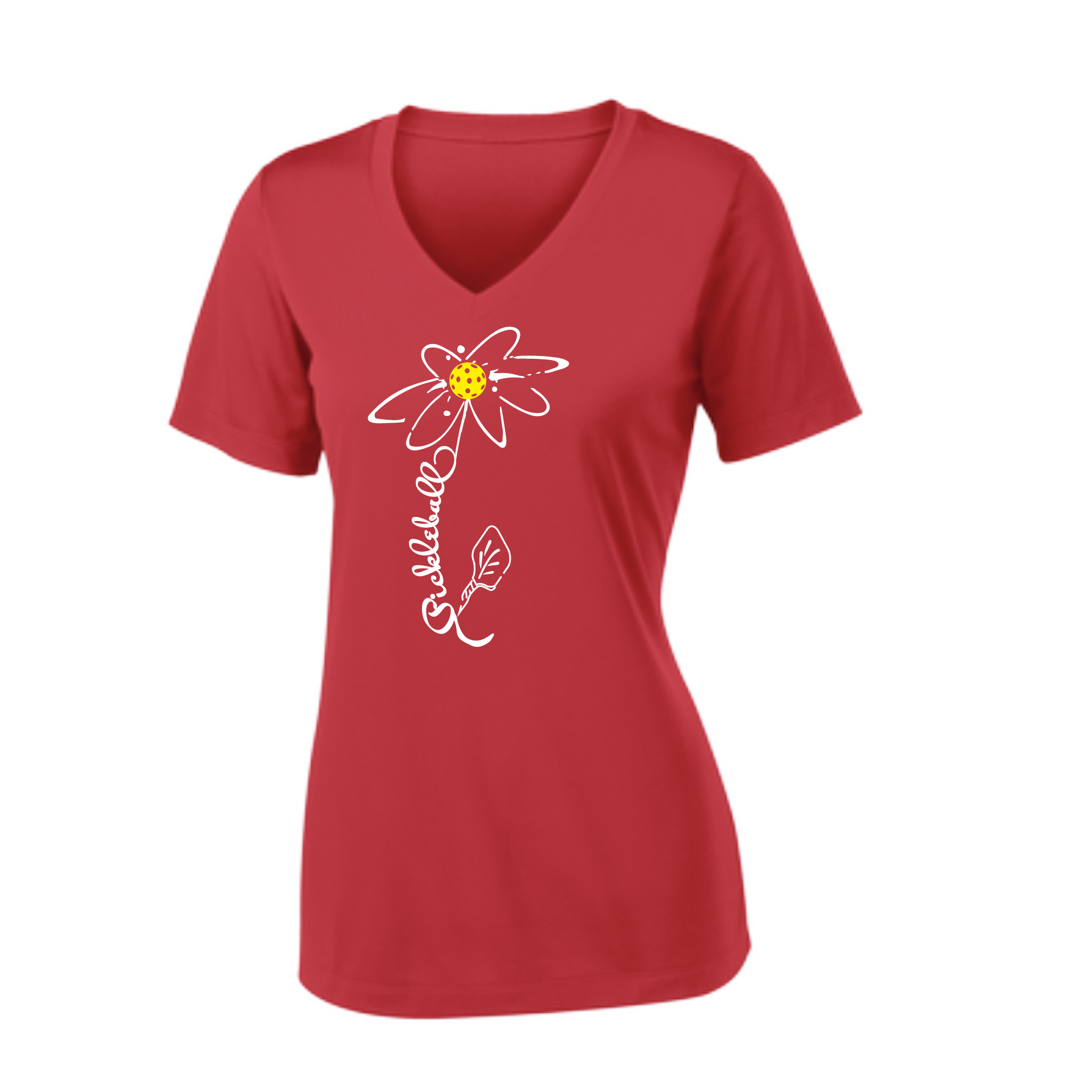 Pickleball Design: Pickleball Flower  Women's Style: Short Sleeve V-Neck  Turn up the volume in this Women's shirt with its perfect mix of softness and attitude. Material is ultra-comfortable with moisture wicking properties and tri-blend softness. PosiCharge technology locks in color. Highly breathable and lightweight.