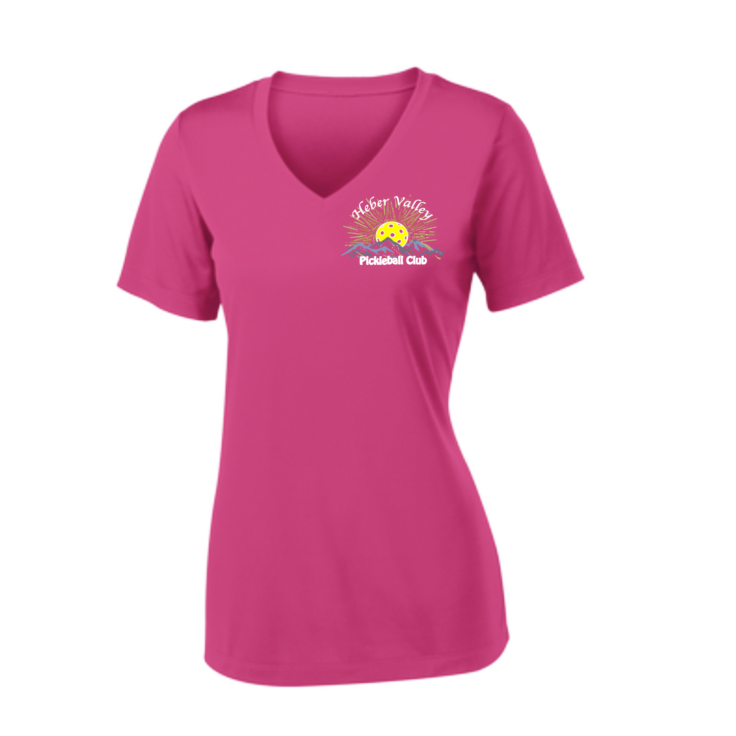 Pickleball Shirt Design: Heber Valley Pickleball Club  Women's Style: Short Sleeve V-Neck  Turn up the volume in this Women's shirt with its perfect mix of softness and attitude. Material is ultra-comfortable with moisture wicking properties and tri-blend softness. PosiCharge technology locks in color. Highly breathable and lightweight.