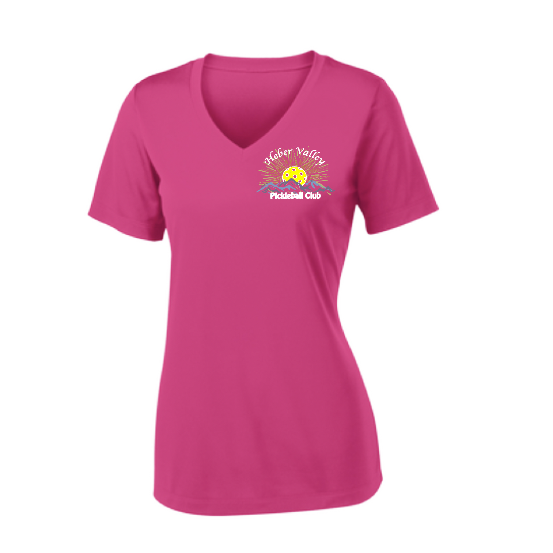 Pickleball Shirt Design: Heber Valley Pickleball Club  Women's Style: Short Sleeve V-Neck  Turn up the volume in this Women's shirt with its perfect mix of softness and attitude. Material is ultra-comfortable with moisture wicking properties and tri-blend softness. PosiCharge technology locks in color. Highly breathable and lightweight.