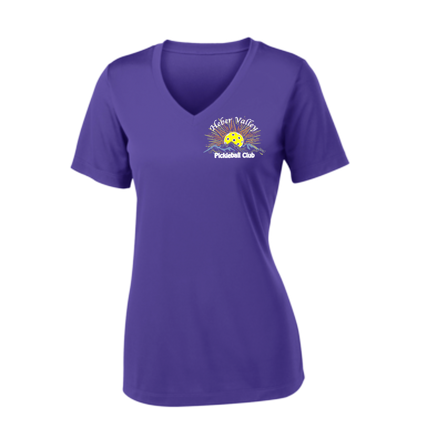 Pickleball Shirt Design: Heber Valley Pickleball Club  Women's Style: Short Sleeve V-Neck  Turn up the volume in this Women's shirt with its perfect mix of softness and attitude. Material is ultra-comfortable with moisture wicking properties and tri-blend softness. PosiCharge technology locks in color. Highly breathable and lightweight.