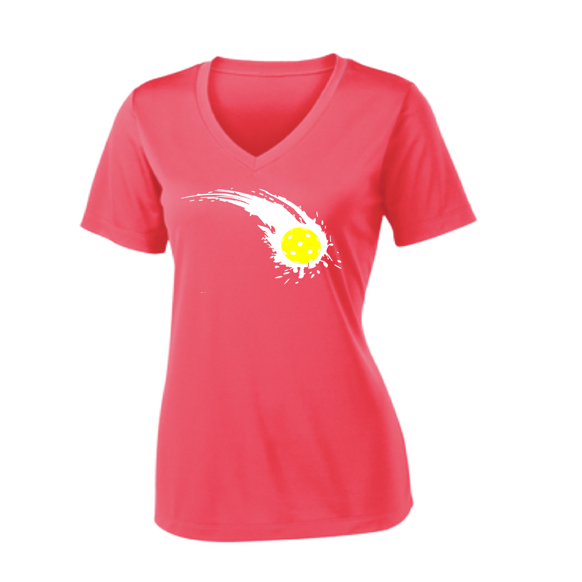 Pickleball Design: Impact  Women's Style: Short Sleeve V-Neck  Turn up the volume in this Women's shirt with its perfect mix of softness and attitude. Material is ultra-comfortable with moisture wicking properties and tri-blend softness. PosiCharge technology locks in color. Highly breathable and lightweight.