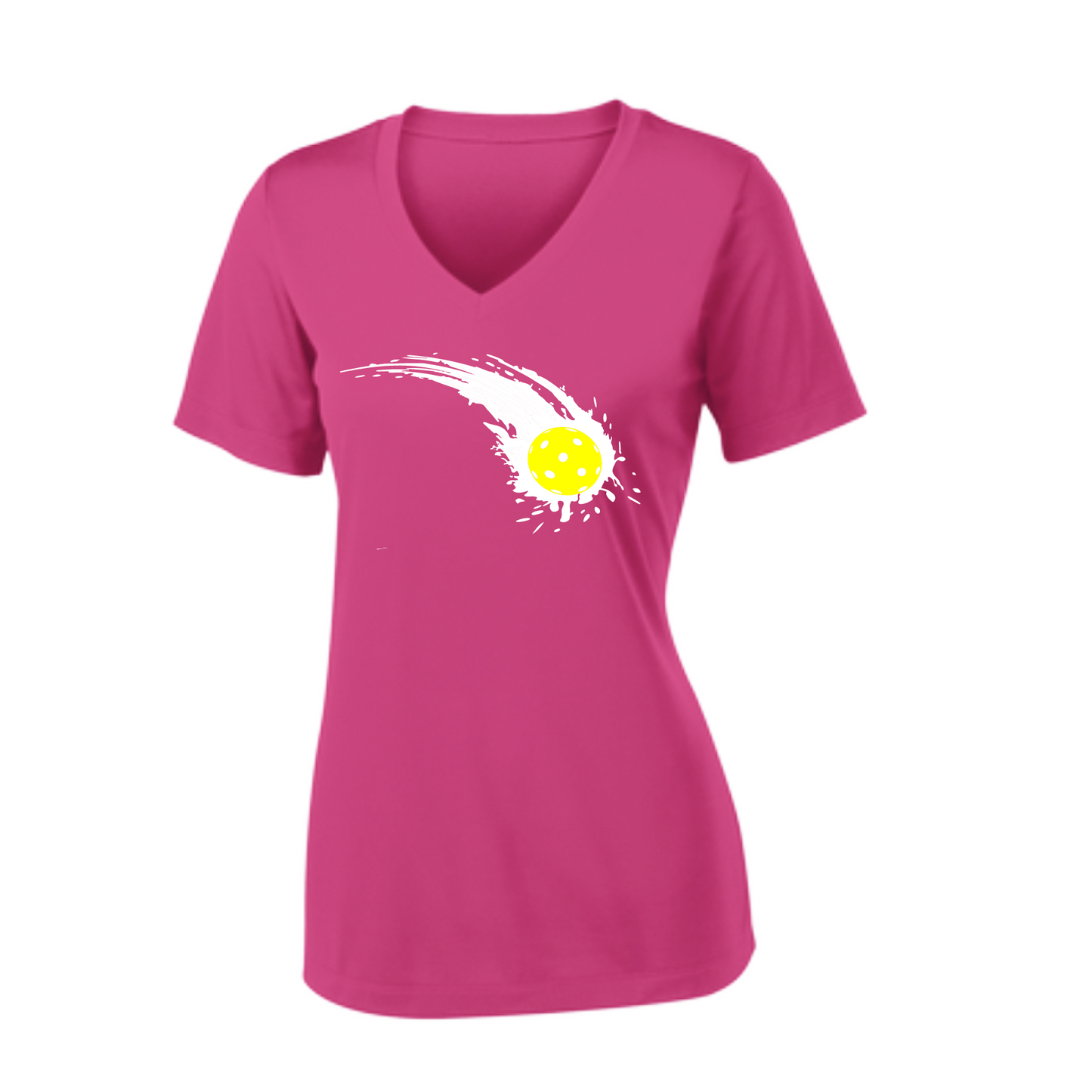 Pickleball Design: Impact  Women's Style: Short Sleeve V-Neck  Turn up the volume in this Women's shirt with its perfect mix of softness and attitude. Material is ultra-comfortable with moisture wicking properties and tri-blend softness. PosiCharge technology locks in color. Highly breathable and lightweight.