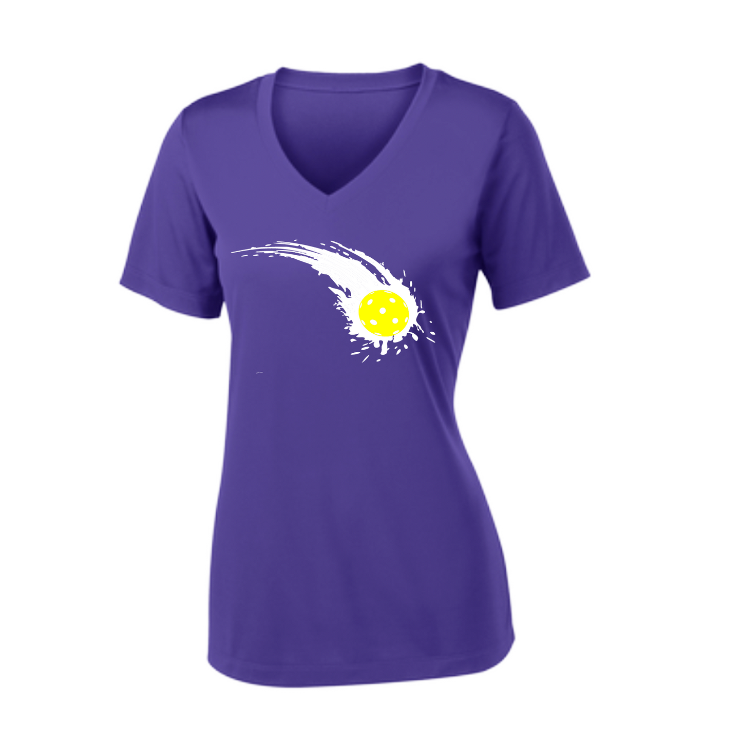 Pickleball Design: Impact  Women's Style: Short Sleeve V-Neck  Turn up the volume in this Women's shirt with its perfect mix of softness and attitude. Material is ultra-comfortable with moisture wicking properties and tri-blend softness. PosiCharge technology locks in color. Highly breathable and lightweight.