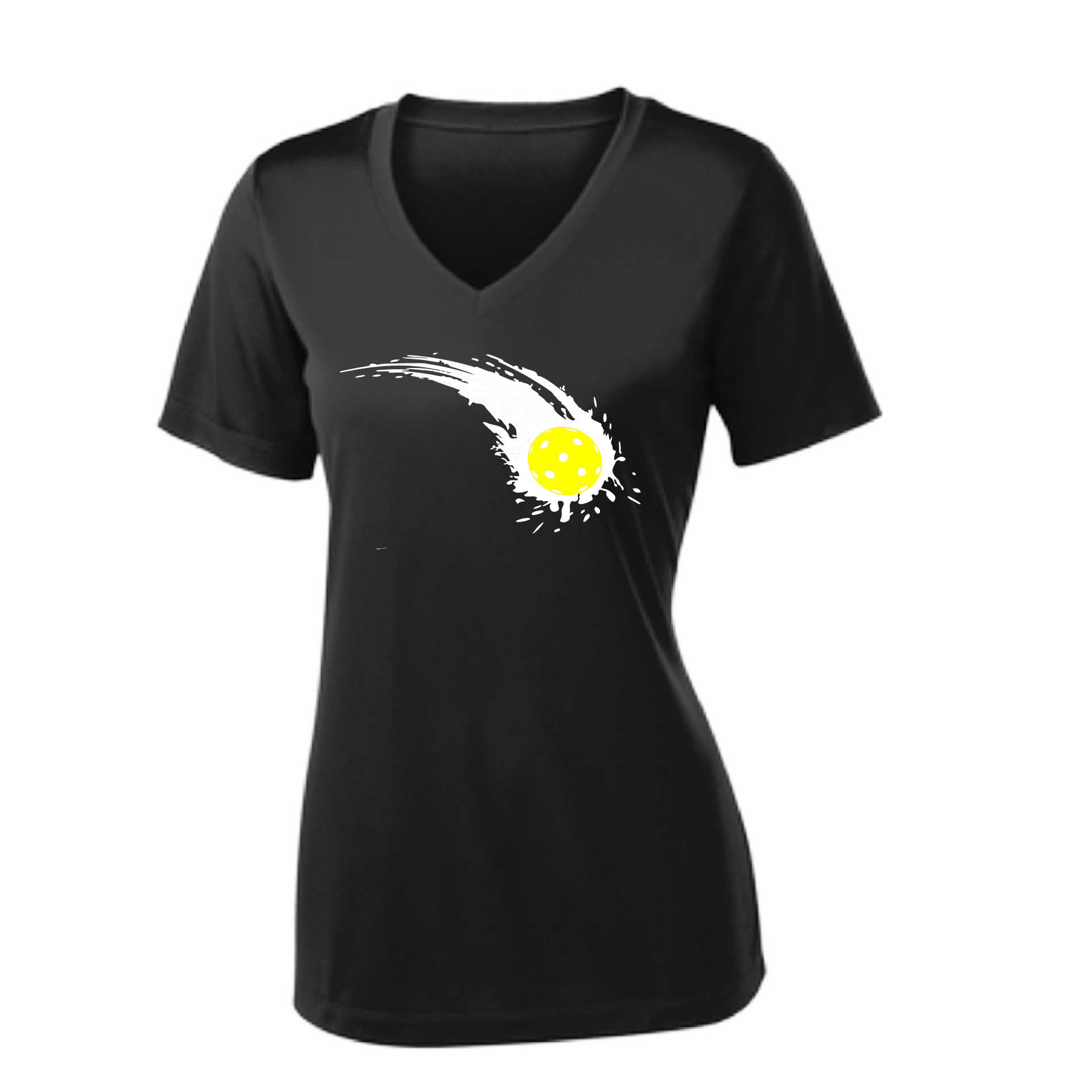 Pickleball Design: Impact  Women's Style: Short Sleeve V-Neck  Turn up the volume in this Women's shirt with its perfect mix of softness and attitude. Material is ultra-comfortable with moisture wicking properties and tri-blend softness. PosiCharge technology locks in color. Highly breathable and lightweight.