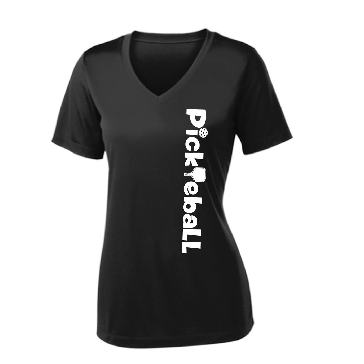 Pickleball Design: Pickleball Horizontal Customizable location  Women's Style: Short-Sleeve V-Neck  Turn up the volume in this Women's shirt with its perfect mix of softness and attitude. Material is ultra-comfortable with moisture wicking properties and tri-blend softness. PosiCharge technology locks in color. Highly breathable and lightweight.