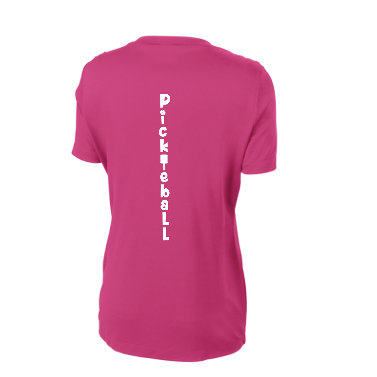 Pickleball Design: Pickleball Vertical Customizable Location  Women's Style: Short-Sleeve V-Neck  Shirts are lightweight, roomy and highly breathable. These moisture-wicking shirts are designed for athletic performance. They feature PosiCharge technology to lock in color and prevent logos from fading. Removable tag and set-in sleeves for comfort.