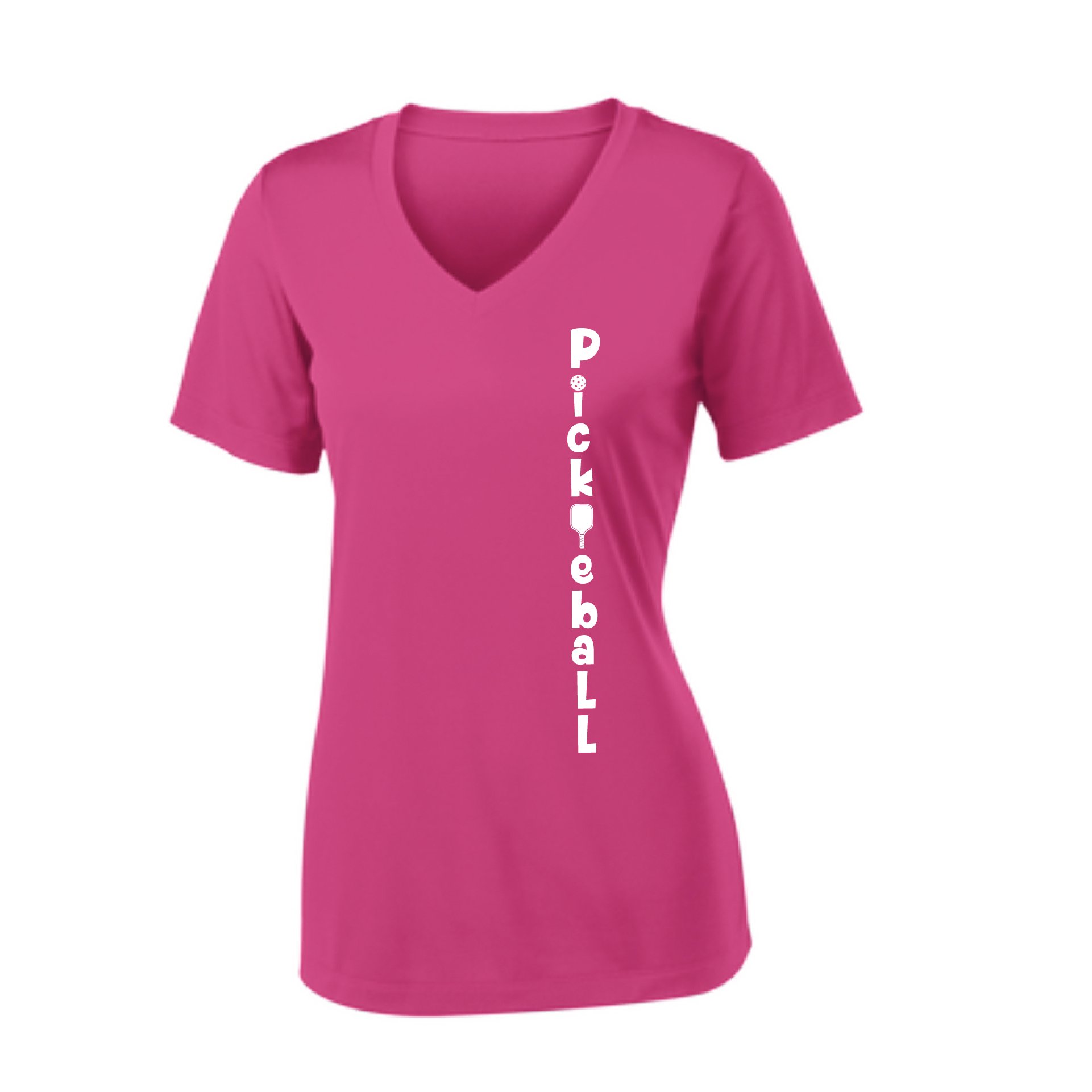 Pickleball Design: Pickleball Vertical Customizable Location  Women's Style: Short-Sleeve V-Neck  Shirts are lightweight, roomy and highly breathable. These moisture-wicking shirts are designed for athletic performance. They feature PosiCharge technology to lock in color and prevent logos from fading. Removable tag and set-in sleeves for comfort.