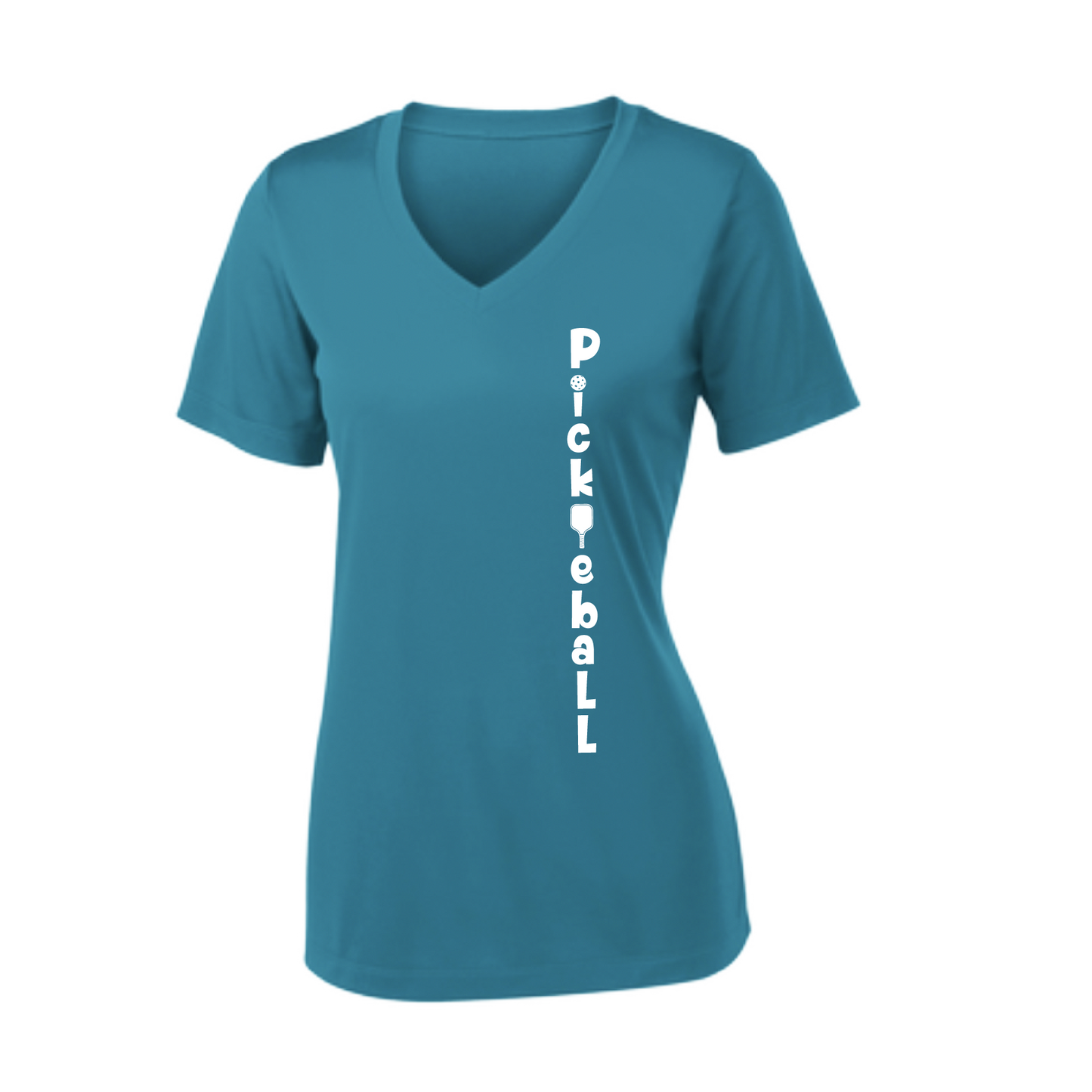 Pickleball Design: Pickleball Vertical Customizable Location  Women's Style: Short-Sleeve V-Neck  Shirts are lightweight, roomy and highly breathable. These moisture-wicking shirts are designed for athletic performance. They feature PosiCharge technology to lock in color and prevent logos from fading. Removable tag and set-in sleeves for comfort.
