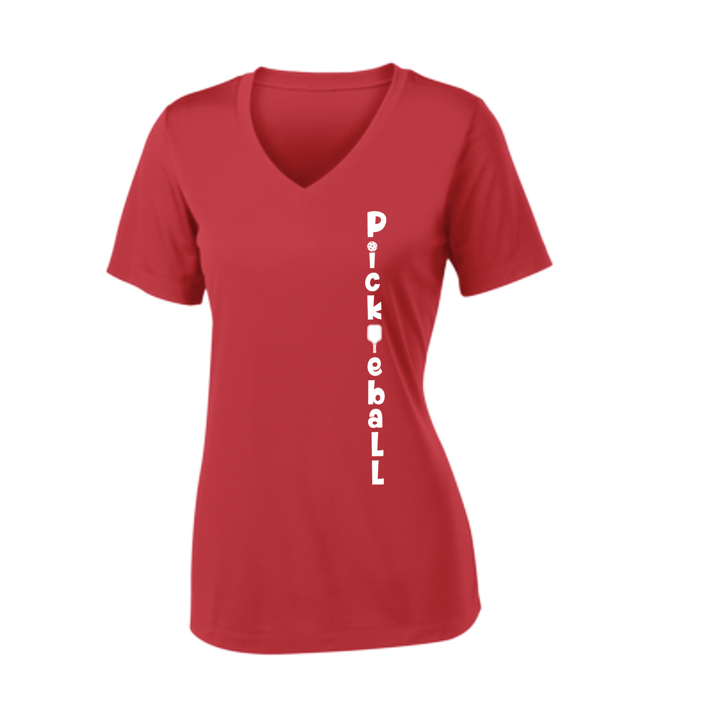Pickleball Design: Pickleball Vertical Customizable Location  Women's Style: Short-Sleeve V-Neck  Shirts are lightweight, roomy and highly breathable. These moisture-wicking shirts are designed for athletic performance. They feature PosiCharge technology to lock in color and prevent logos from fading. Removable tag and set-in sleeves for comfort.