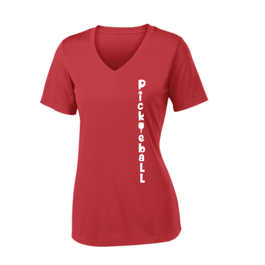 Pickleball Design: Pickleball Vertical Customizable Location  Women's Style: Short-Sleeve V-Neck  Shirts are lightweight, roomy and highly breathable. These moisture-wicking shirts are designed for athletic performance. They feature PosiCharge technology to lock in color and prevent logos from fading. Removable tag and set-in sleeves for comfort.