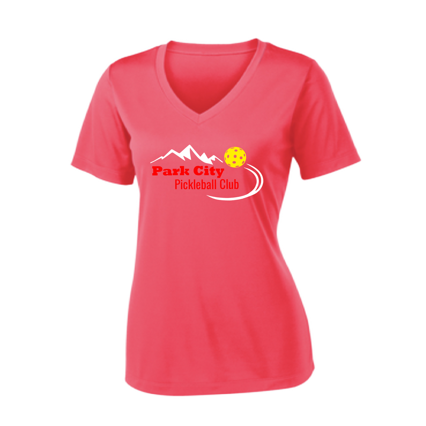 Pickleball Design: Park City Pickleball Club (red words)  Women's Style:  Short Sleeve V-Neck  Turn up the volume in this Women's shirt with its perfect mix of softness and attitude. Material is ultra-comfortable with moisture wicking properties and tri-blend softness. PosiCharge technology locks in color. Highly breathable and lightweight.