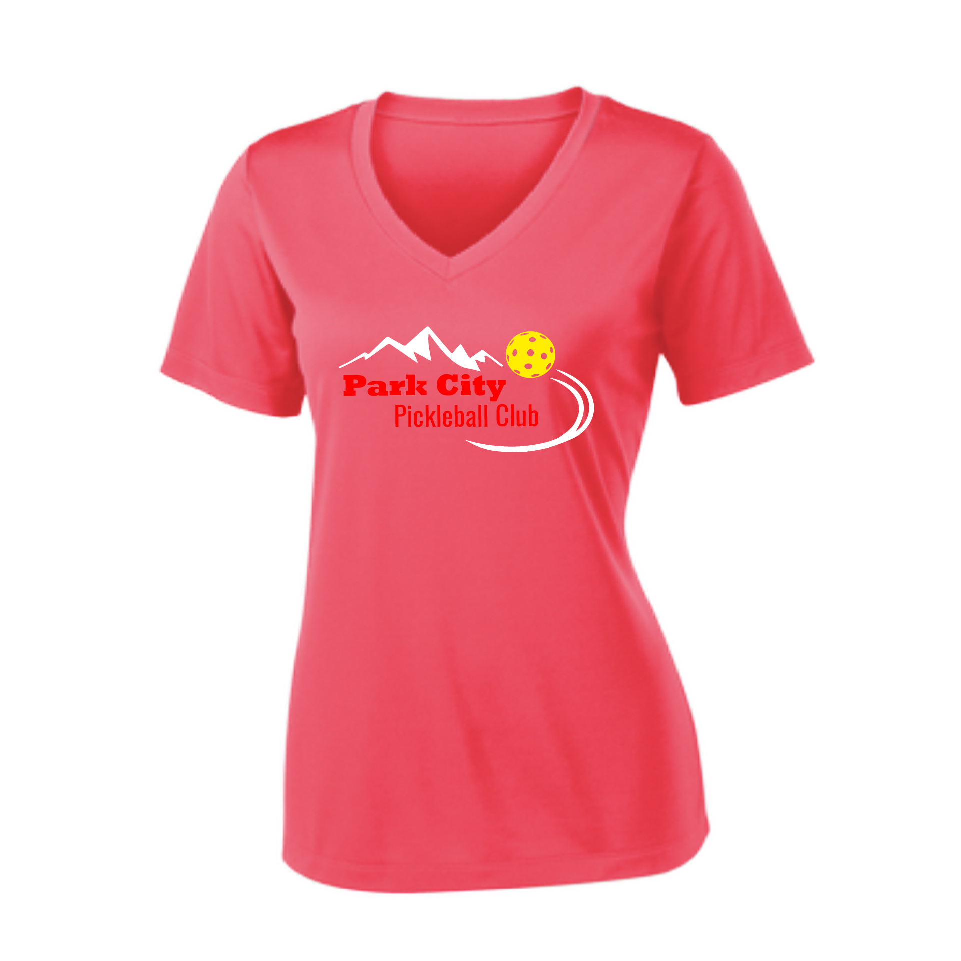 Pickleball Design: Park City Pickleball Club (red words)  Women's Style:  Short Sleeve V-Neck  Turn up the volume in this Women's shirt with its perfect mix of softness and attitude. Material is ultra-comfortable with moisture wicking properties and tri-blend softness. PosiCharge technology locks in color. Highly breathable and lightweight.