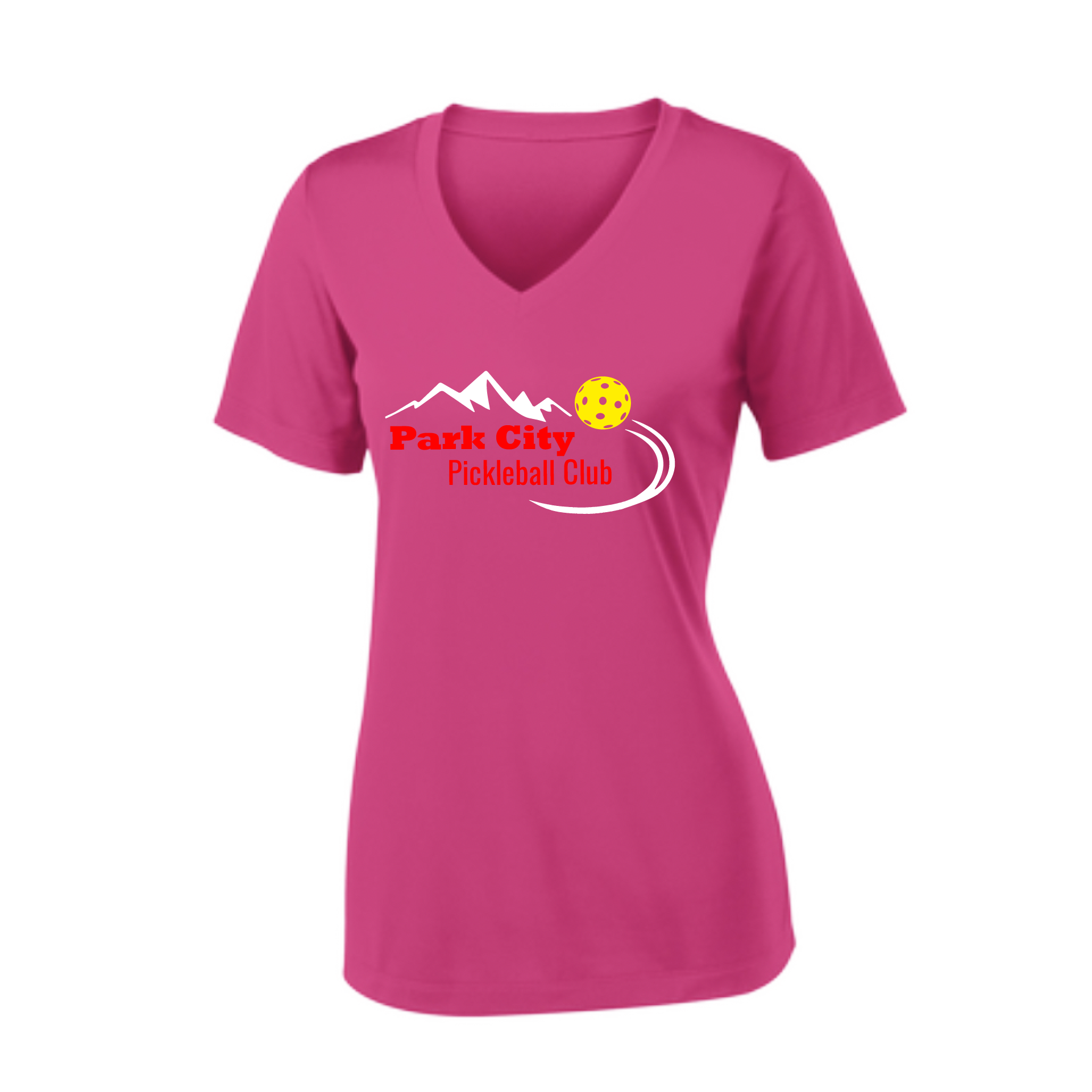 Pickleball Design: Park City Pickleball Club (red words)  Women's Style:  Short Sleeve V-Neck  Turn up the volume in this Women's shirt with its perfect mix of softness and attitude. Material is ultra-comfortable with moisture wicking properties and tri-blend softness. PosiCharge technology locks in color. Highly breathable and lightweight.