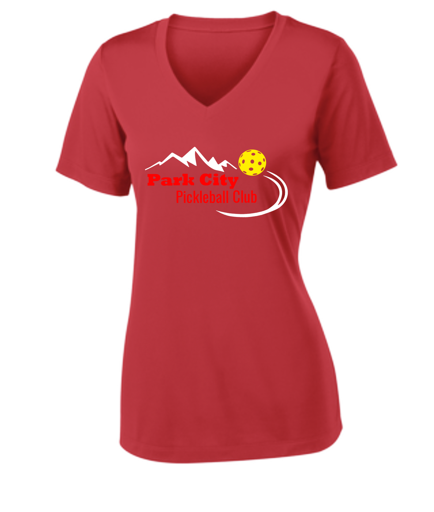 Pickleball Design: Park City Pickleball Club (red words)  Women's Style:  Short Sleeve V-Neck  Turn up the volume in this Women's shirt with its perfect mix of softness and attitude. Material is ultra-comfortable with moisture wicking properties and tri-blend softness. PosiCharge technology locks in color. Highly breathable and lightweight.