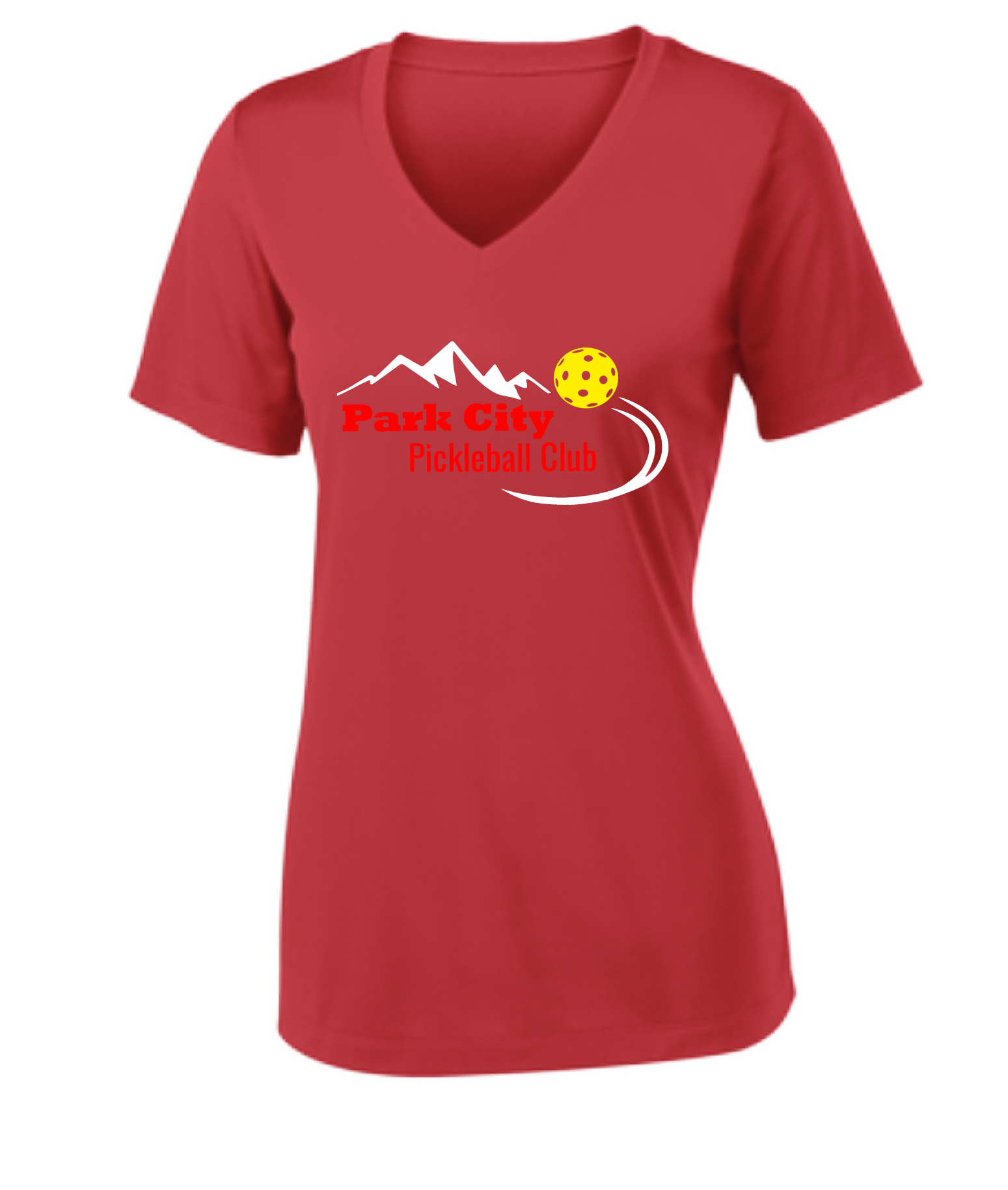 Pickleball Design: Park City Pickleball Club (red words)  Women's Style:  Short Sleeve V-Neck  Turn up the volume in this Women's shirt with its perfect mix of softness and attitude. Material is ultra-comfortable with moisture wicking properties and tri-blend softness. PosiCharge technology locks in color. Highly breathable and lightweight.