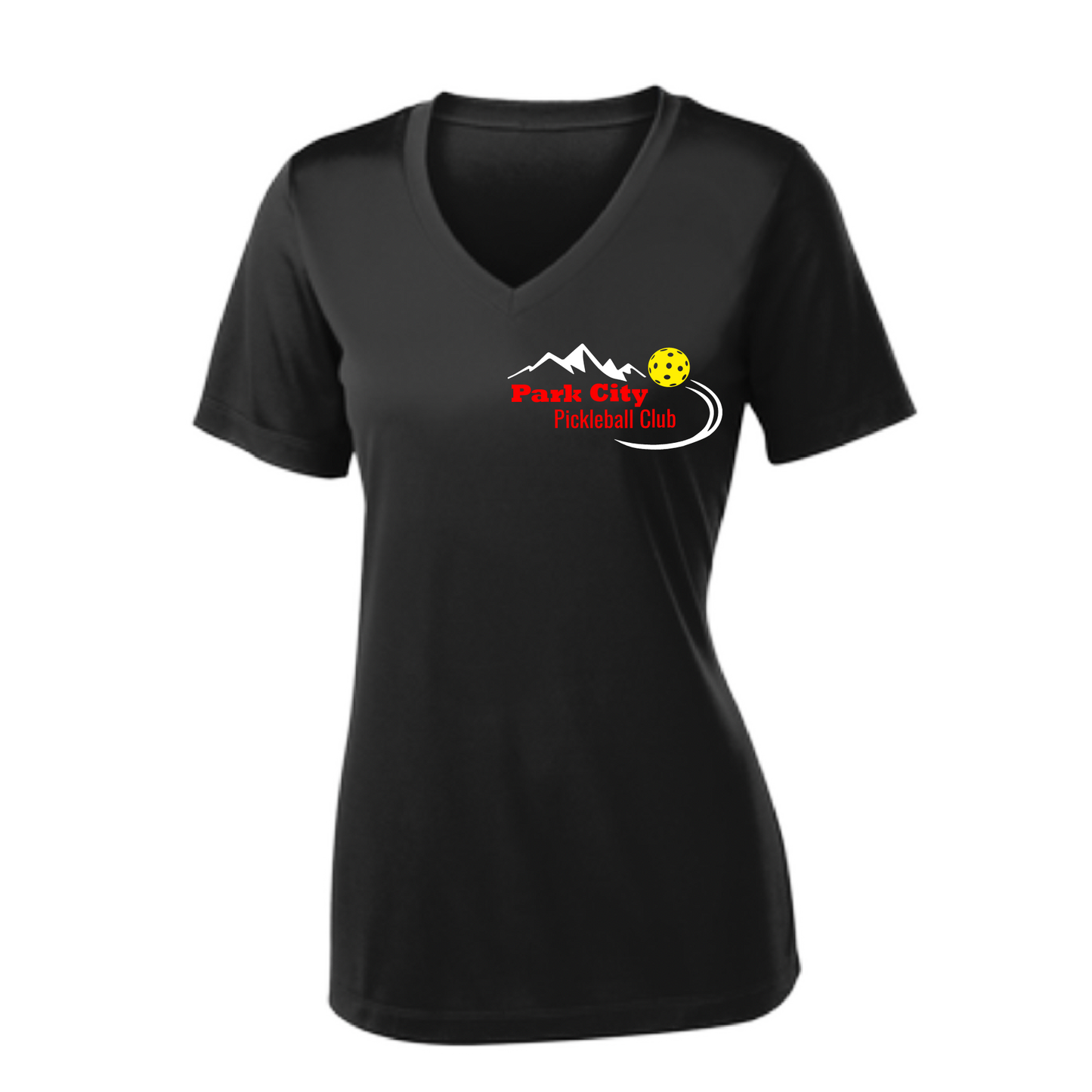 Pickleball Design: Park City Pickleball Club (red words)  Women's Style:  Short Sleeve V-Neck  Turn up the volume in this Women's shirt with its perfect mix of softness and attitude. Material is ultra-comfortable with moisture wicking properties and tri-blend softness. PosiCharge technology locks in color. Highly breathable and lightweight.