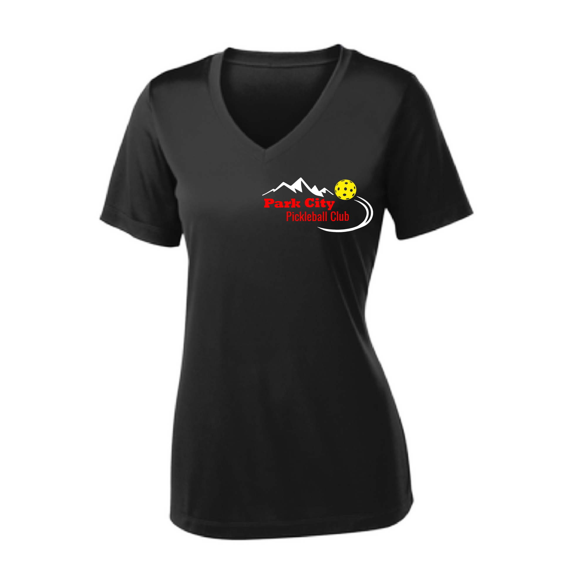 Pickleball Design: Park City Pickleball Club (red words)  Women's Style:  Short Sleeve V-Neck  Turn up the volume in this Women's shirt with its perfect mix of softness and attitude. Material is ultra-comfortable with moisture wicking properties and tri-blend softness. PosiCharge technology locks in color. Highly breathable and lightweight.