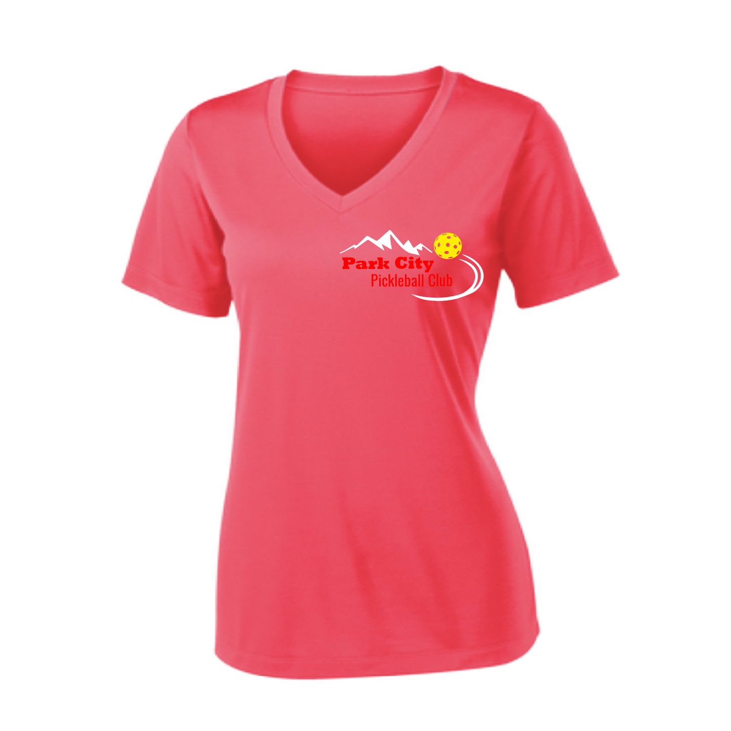 Pickleball Design: Park City Pickleball Club (red words)  Women's Style:  Short Sleeve V-Neck  Turn up the volume in this Women's shirt with its perfect mix of softness and attitude. Material is ultra-comfortable with moisture wicking properties and tri-blend softness. PosiCharge technology locks in color. Highly breathable and lightweight.