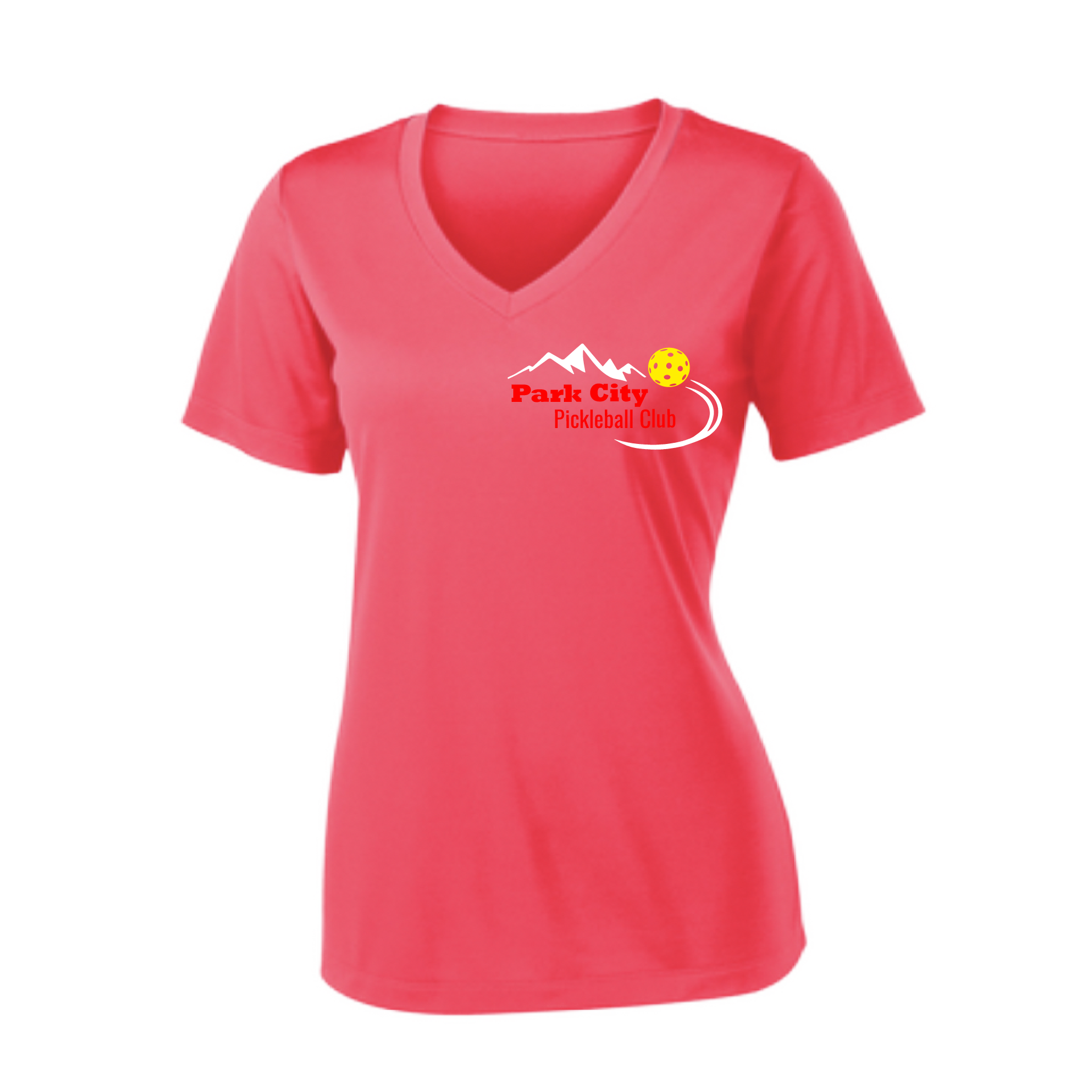 Pickleball Design: Park City Pickleball Club (red words)  Women's Style:  Short Sleeve V-Neck  Turn up the volume in this Women's shirt with its perfect mix of softness and attitude. Material is ultra-comfortable with moisture wicking properties and tri-blend softness. PosiCharge technology locks in color. Highly breathable and lightweight.
