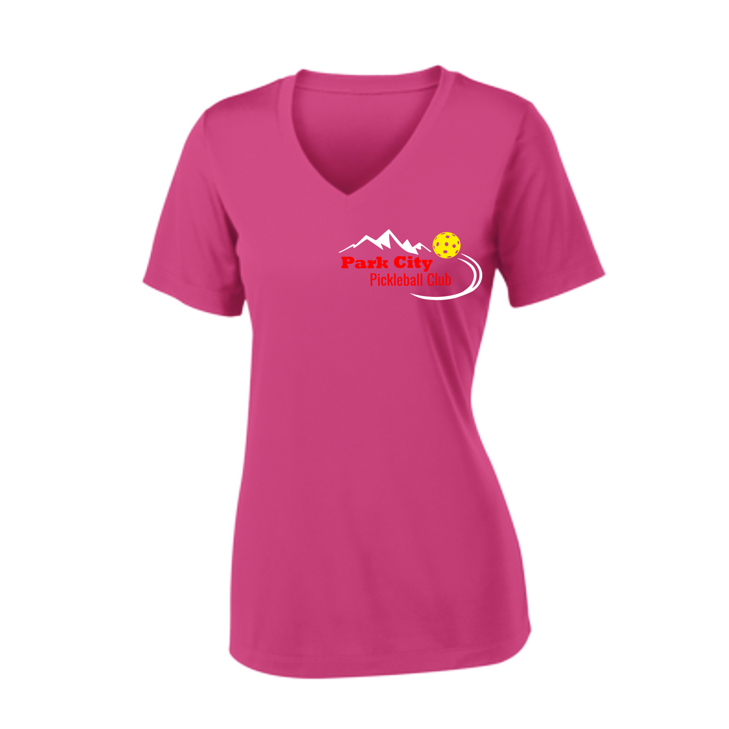 Pickleball Design: Park City Pickleball Club (red words)  Women's Style:  Short Sleeve V-Neck  Turn up the volume in this Women's shirt with its perfect mix of softness and attitude. Material is ultra-comfortable with moisture wicking properties and tri-blend softness. PosiCharge technology locks in color. Highly breathable and lightweight.