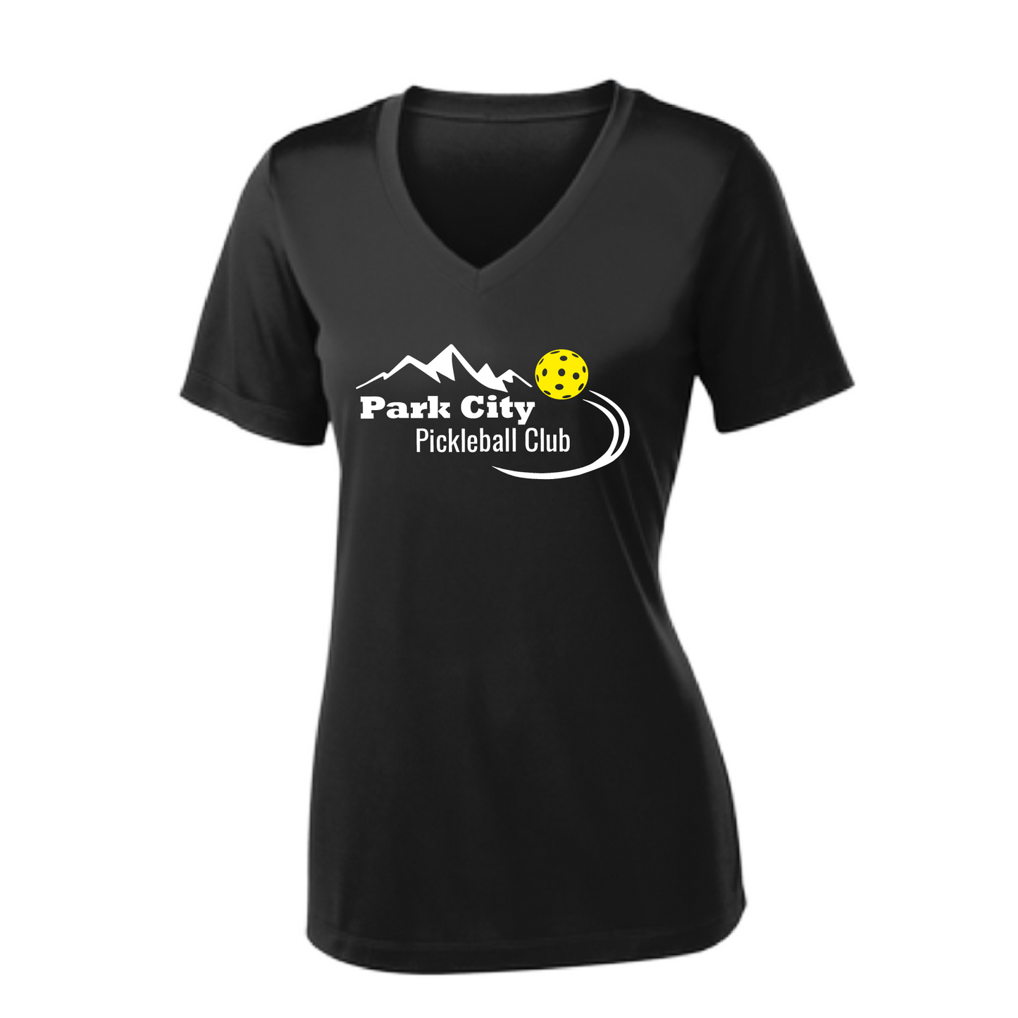 Pickleball Design: Park City Pickleball Club (white words)  Women's Style:  Short Sleeve V-Neck  Turn up the volume in this Women's shirt with its perfect mix of softness and attitude. Material is ultra-comfortable with moisture wicking properties and tri-blend softness. PosiCharge technology locks in color. Highly breathable and lightweight.