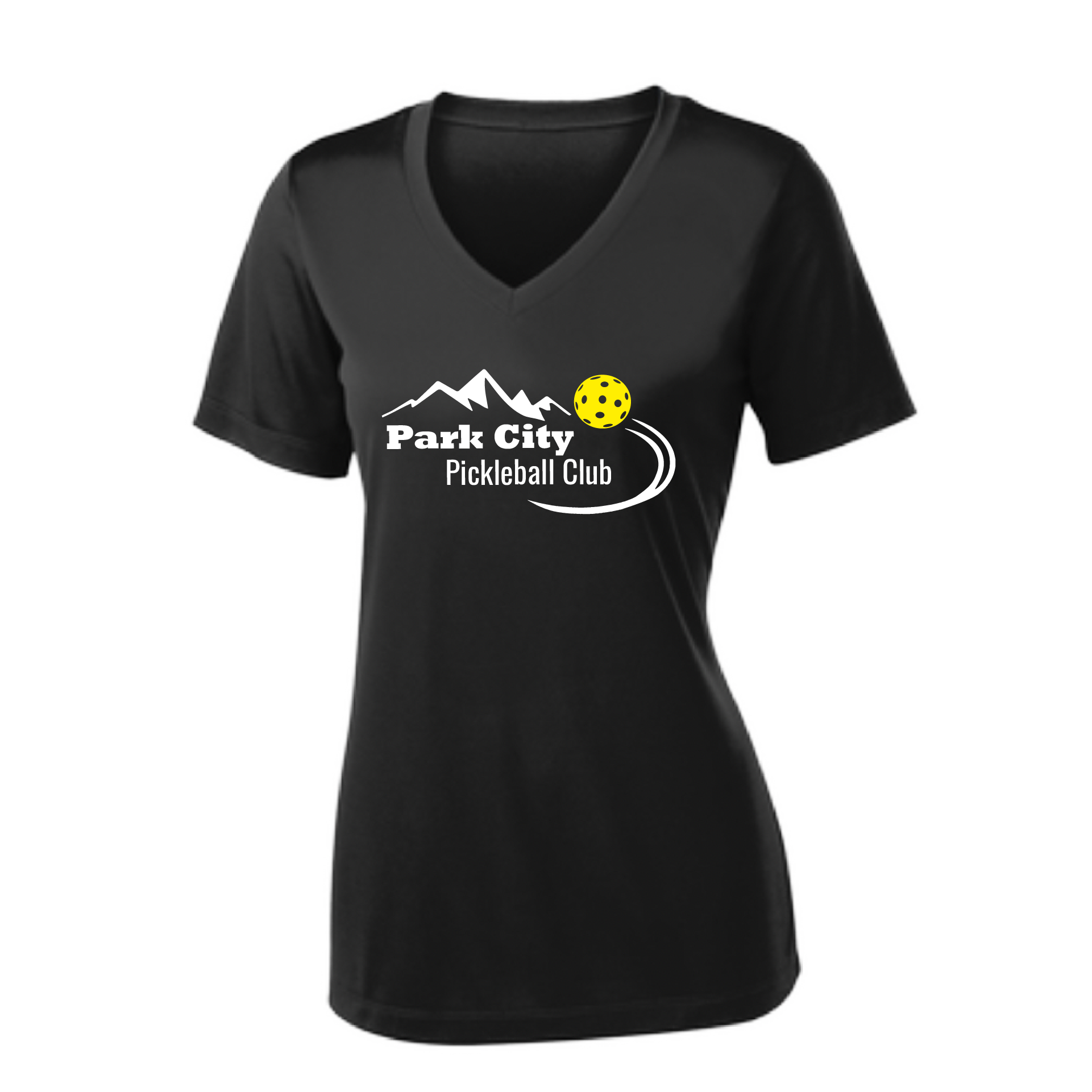 Pickleball Design: Park City Pickleball Club (white words)  Women's Style:  Short Sleeve V-Neck  Turn up the volume in this Women's shirt with its perfect mix of softness and attitude. Material is ultra-comfortable with moisture wicking properties and tri-blend softness. PosiCharge technology locks in color. Highly breathable and lightweight.