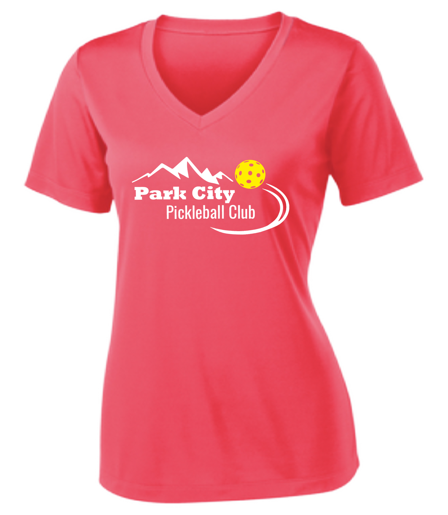 Pickleball Design: Park City Pickleball Club (white words)  Women's Style:  Short Sleeve V-Neck  Turn up the volume in this Women's shirt with its perfect mix of softness and attitude. Material is ultra-comfortable with moisture wicking properties and tri-blend softness. PosiCharge technology locks in color. Highly breathable and lightweight.