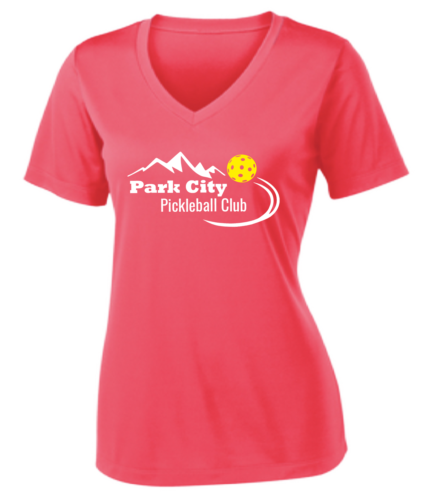Pickleball Design: Park City Pickleball Club (white words)  Women's Style:  Short Sleeve V-Neck  Turn up the volume in this Women's shirt with its perfect mix of softness and attitude. Material is ultra-comfortable with moisture wicking properties and tri-blend softness. PosiCharge technology locks in color. Highly breathable and lightweight.