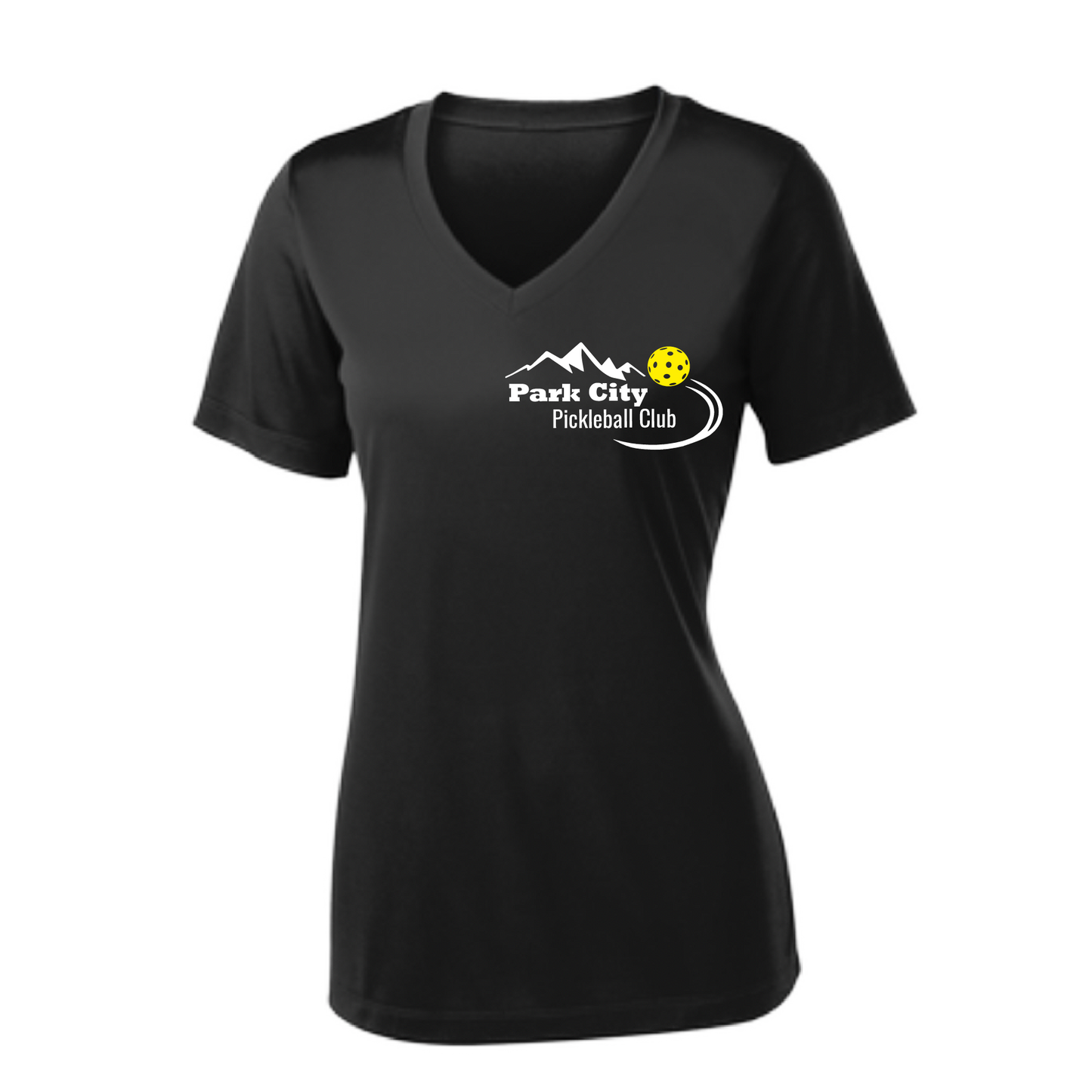 Pickleball Design: Park City Pickleball Club (white words)  Women's Style:  Short Sleeve V-Neck  Turn up the volume in this Women's shirt with its perfect mix of softness and attitude. Material is ultra-comfortable with moisture wicking properties and tri-blend softness. PosiCharge technology locks in color. Highly breathable and lightweight.