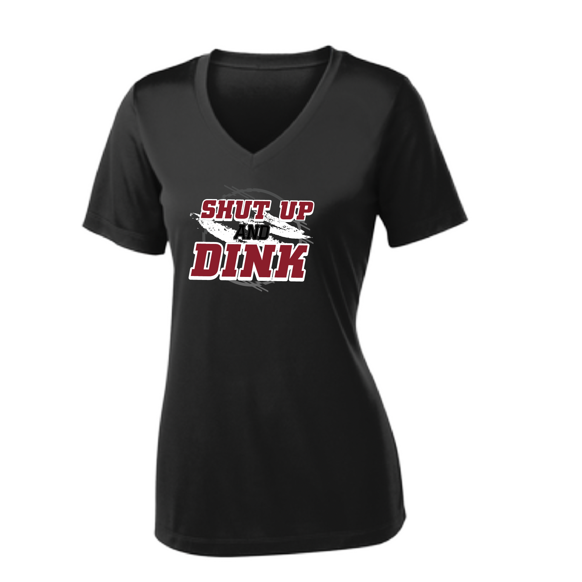Pickleball Design: Shut up and Dink  Women's Styles: Short-Sleeve V-Neck  Turn up the volume in this Women's shirt with its perfect mix of softness and attitude. Material is ultra-comfortable with moisture wicking properties and tri-blend softness. PosiCharge technology locks in color. Highly breathable and lightweight.